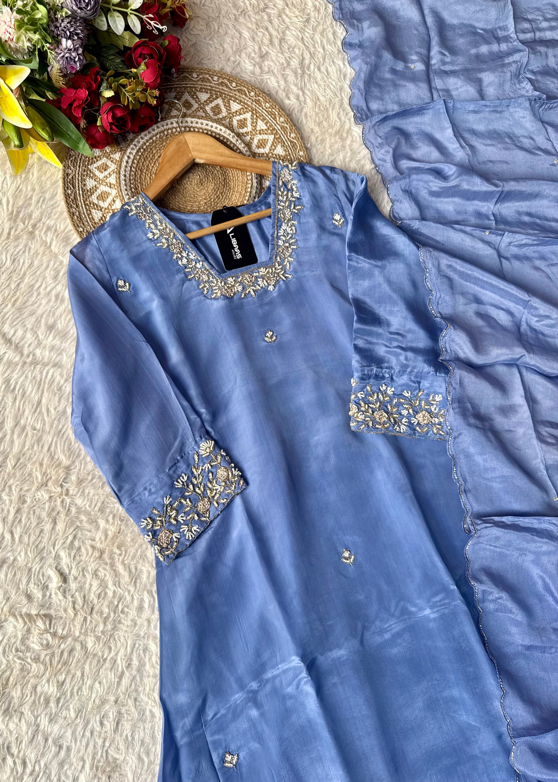“Inayat” Premium Chinnon handcrafted A- Line  kurta set
