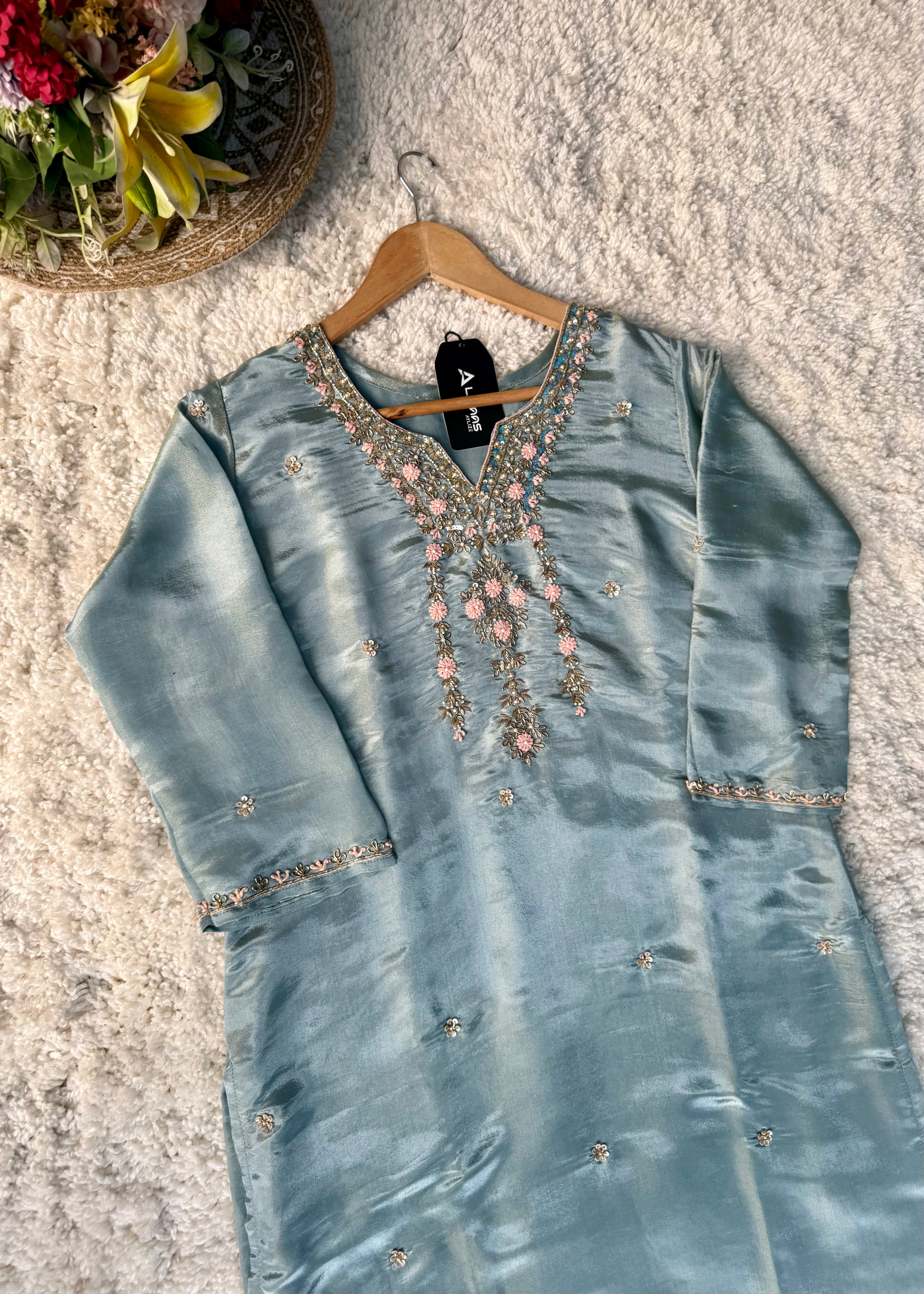 “Divya” Premium Blue Tissue Silk Kurta Set with Elegant Handwork