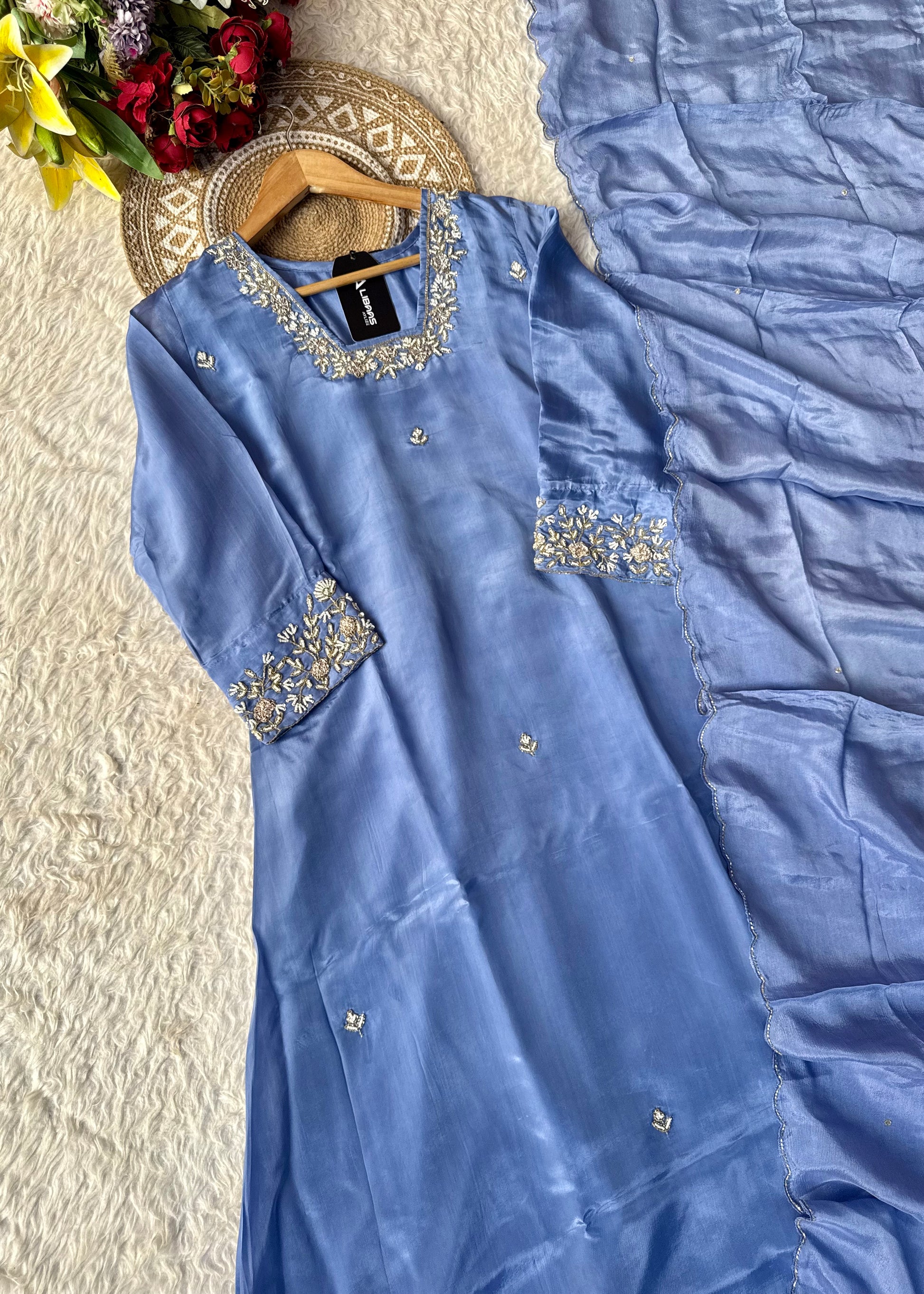 “Inayat” Premium Chinnon handcrafted A- Line  kurta set