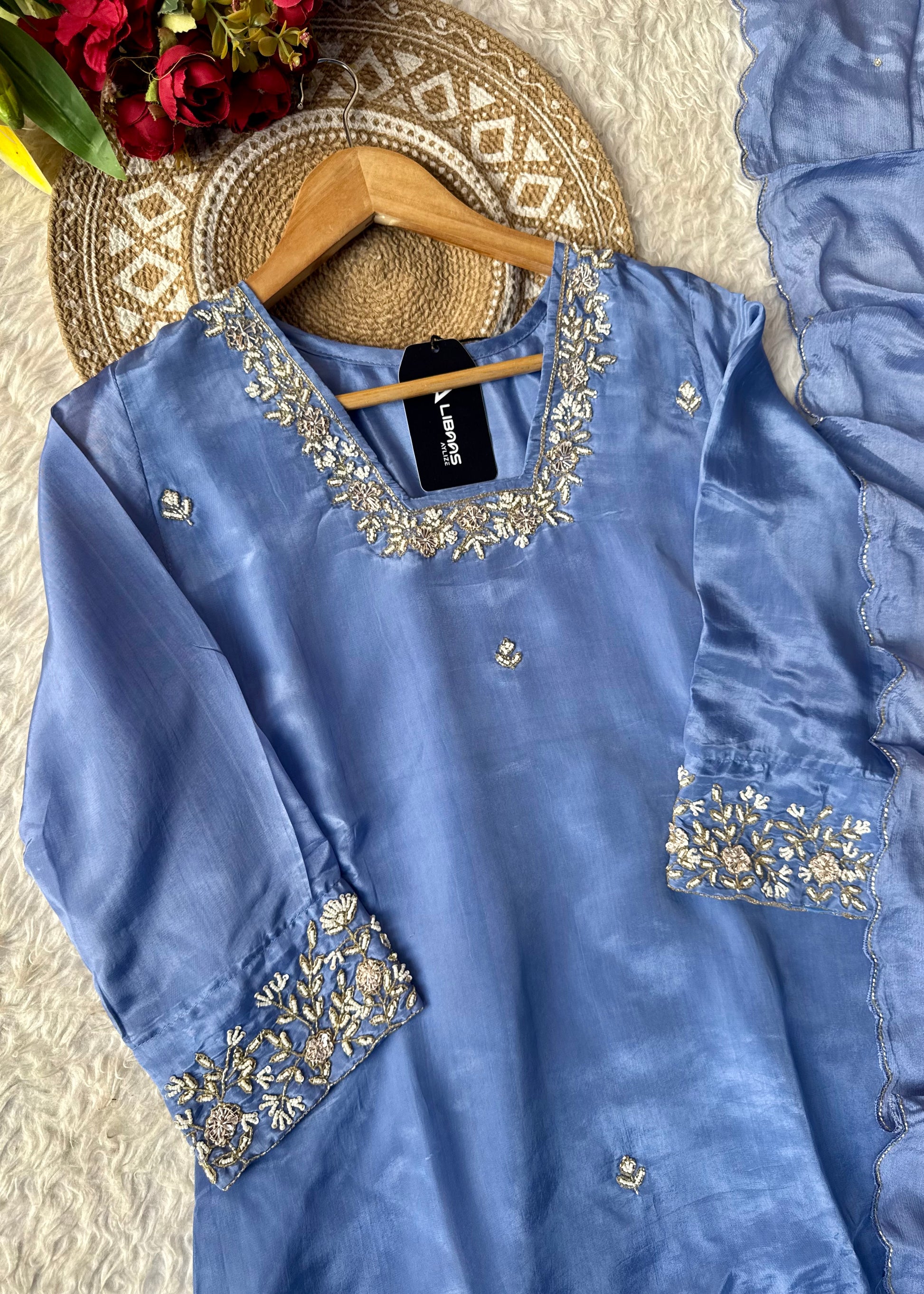 “Inayat” Premium Chinnon handcrafted A- Line  kurta set