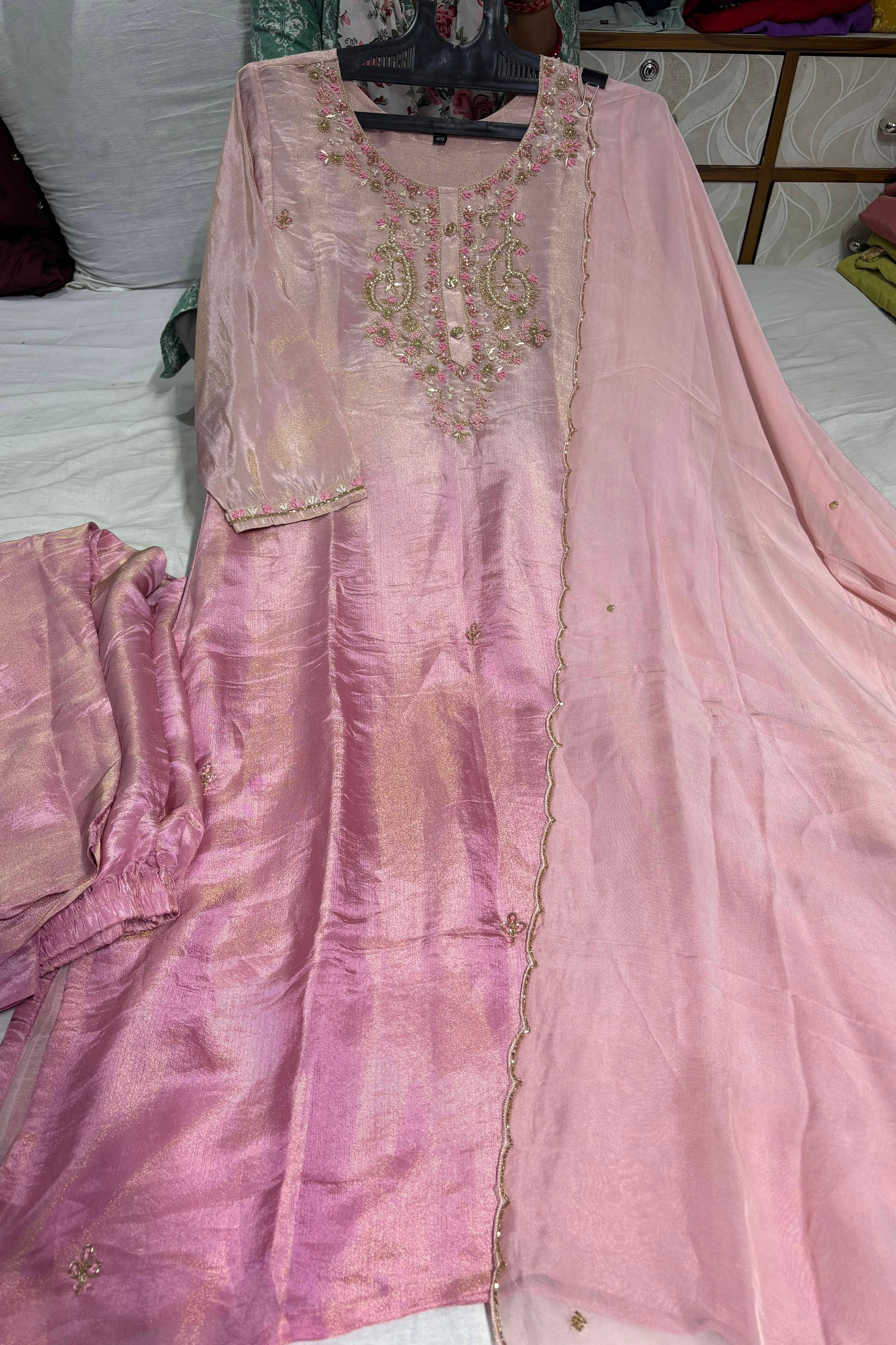 “Aashvi” Ombre Tissue Silk Handwork Suit Set