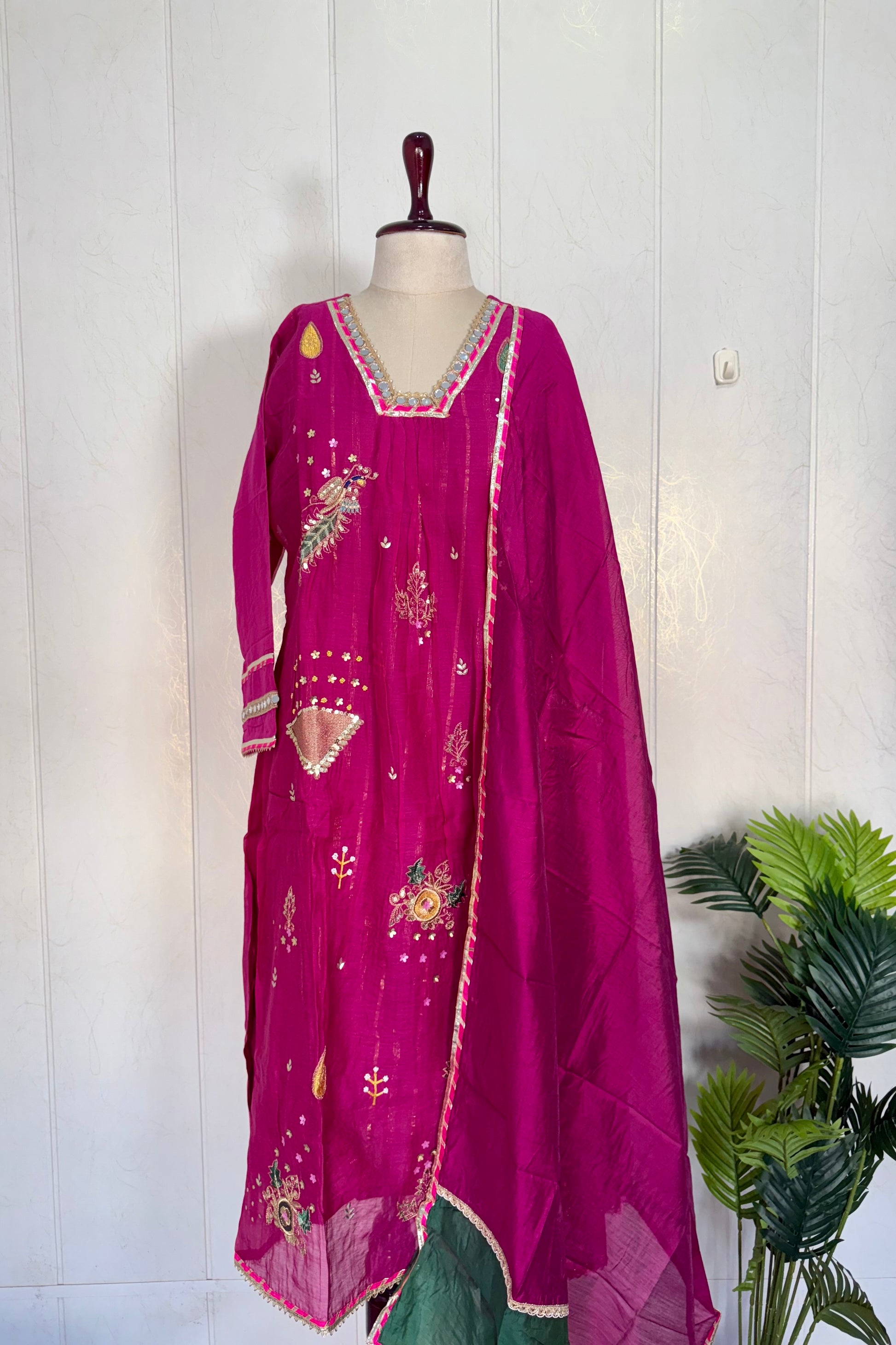 “Fuchsia” Trending Mul Chanderi Heavy Handwork A Line Suit Set