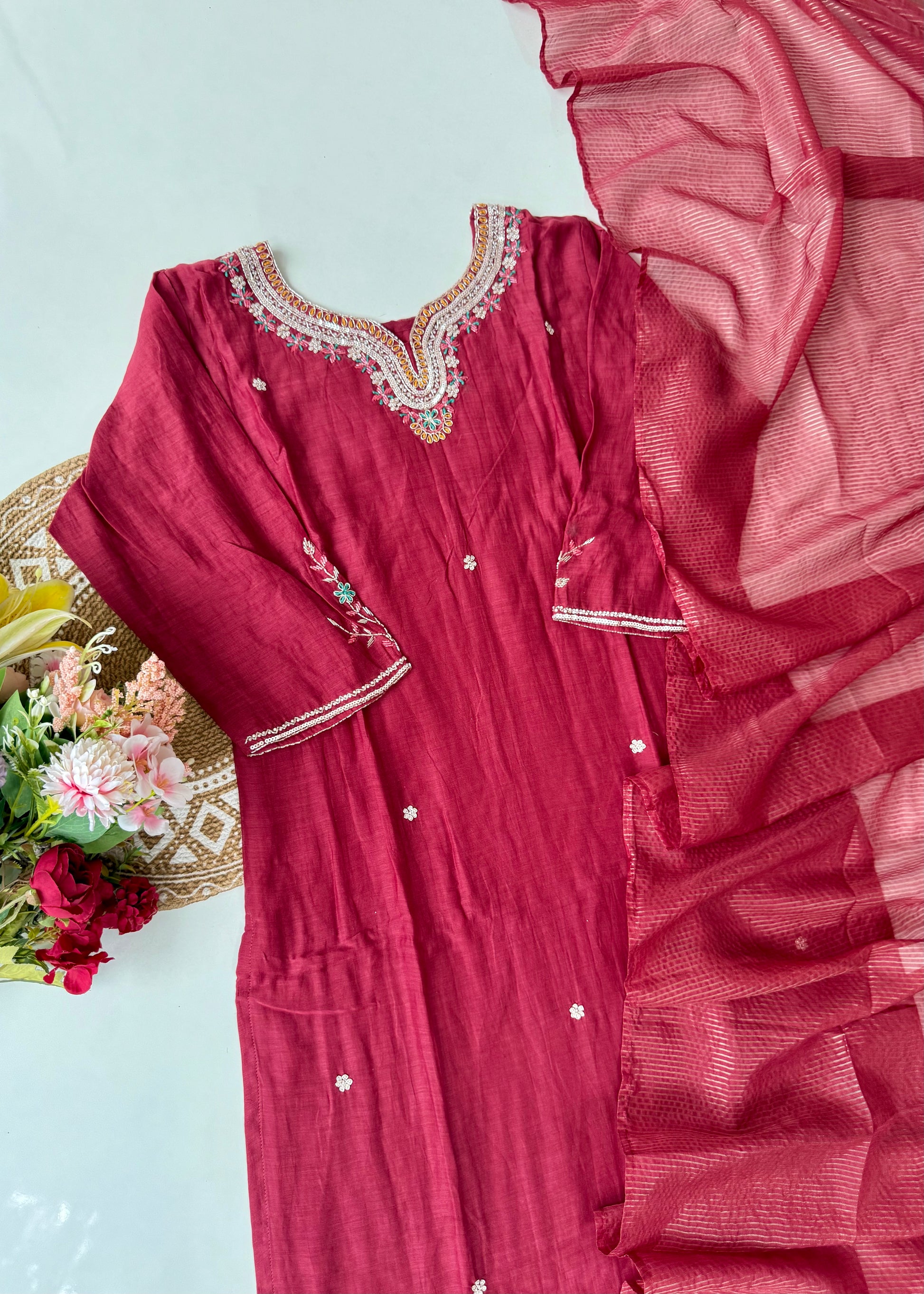 “Bindiya” Deep Rose Mul Chanderi handwork kurta set