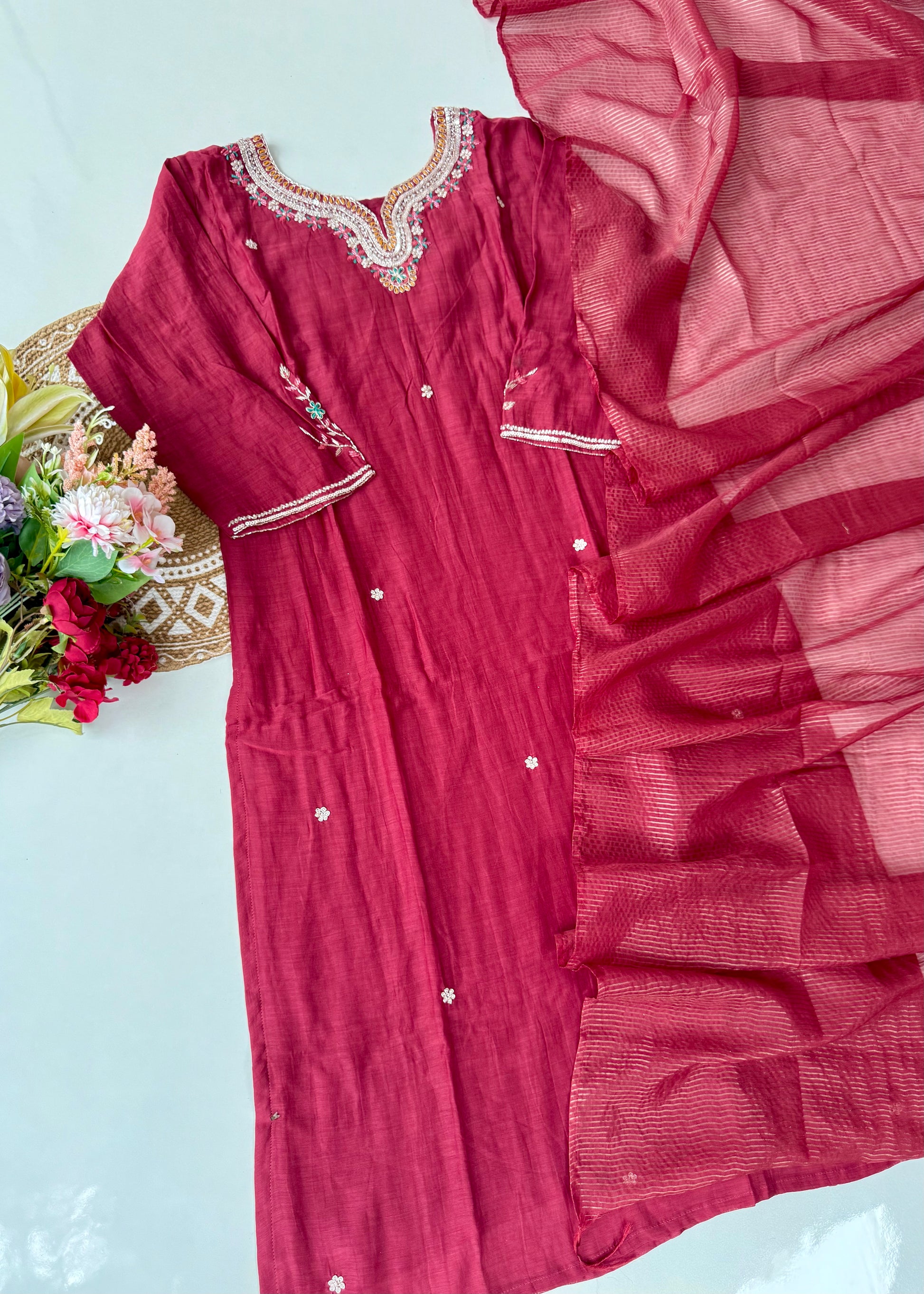 “Bindiya” Deep Rose Mul Chanderi handwork kurta set