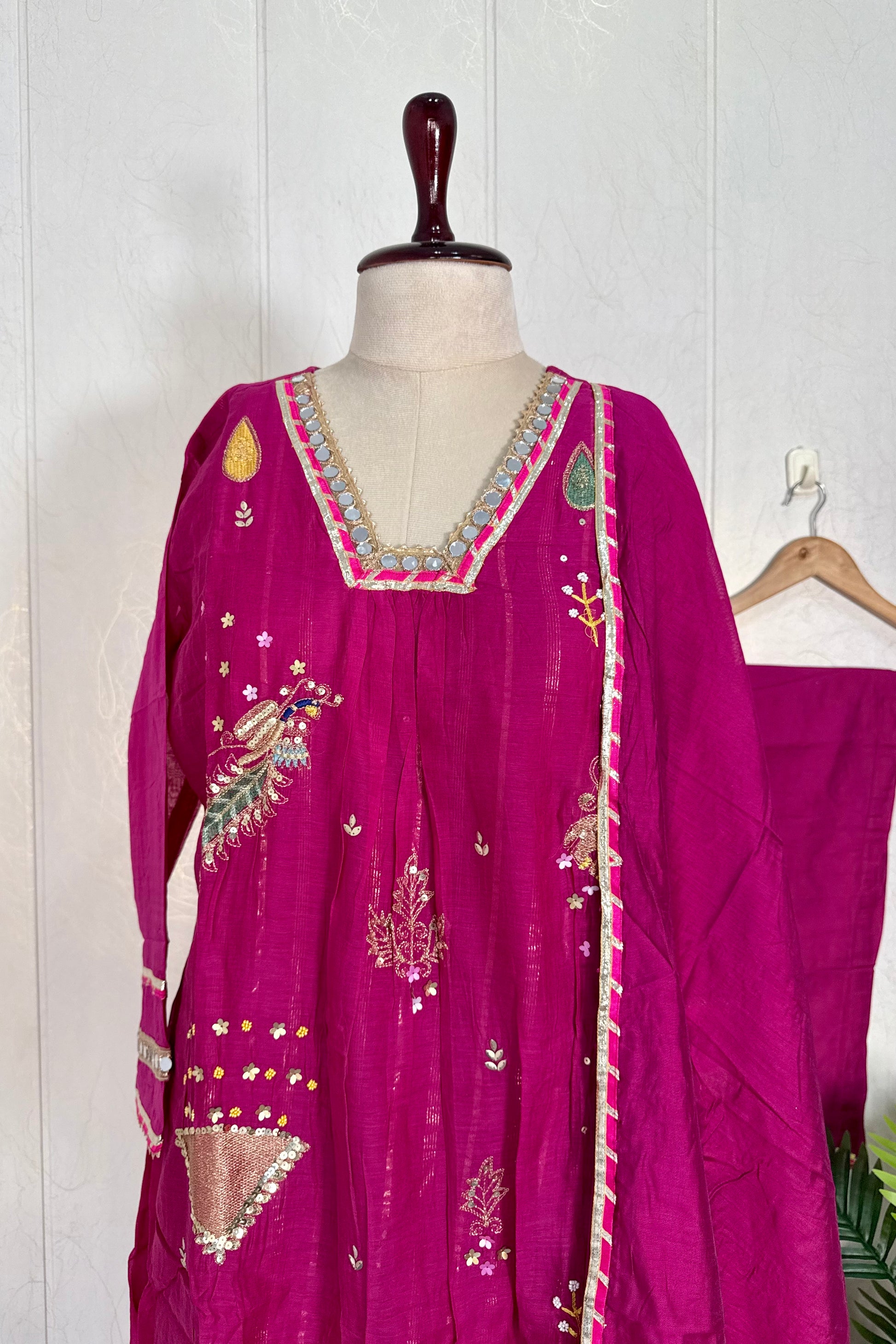 “Fuchsia” Trending Mul Chanderi Heavy Handwork A Line Suit Set