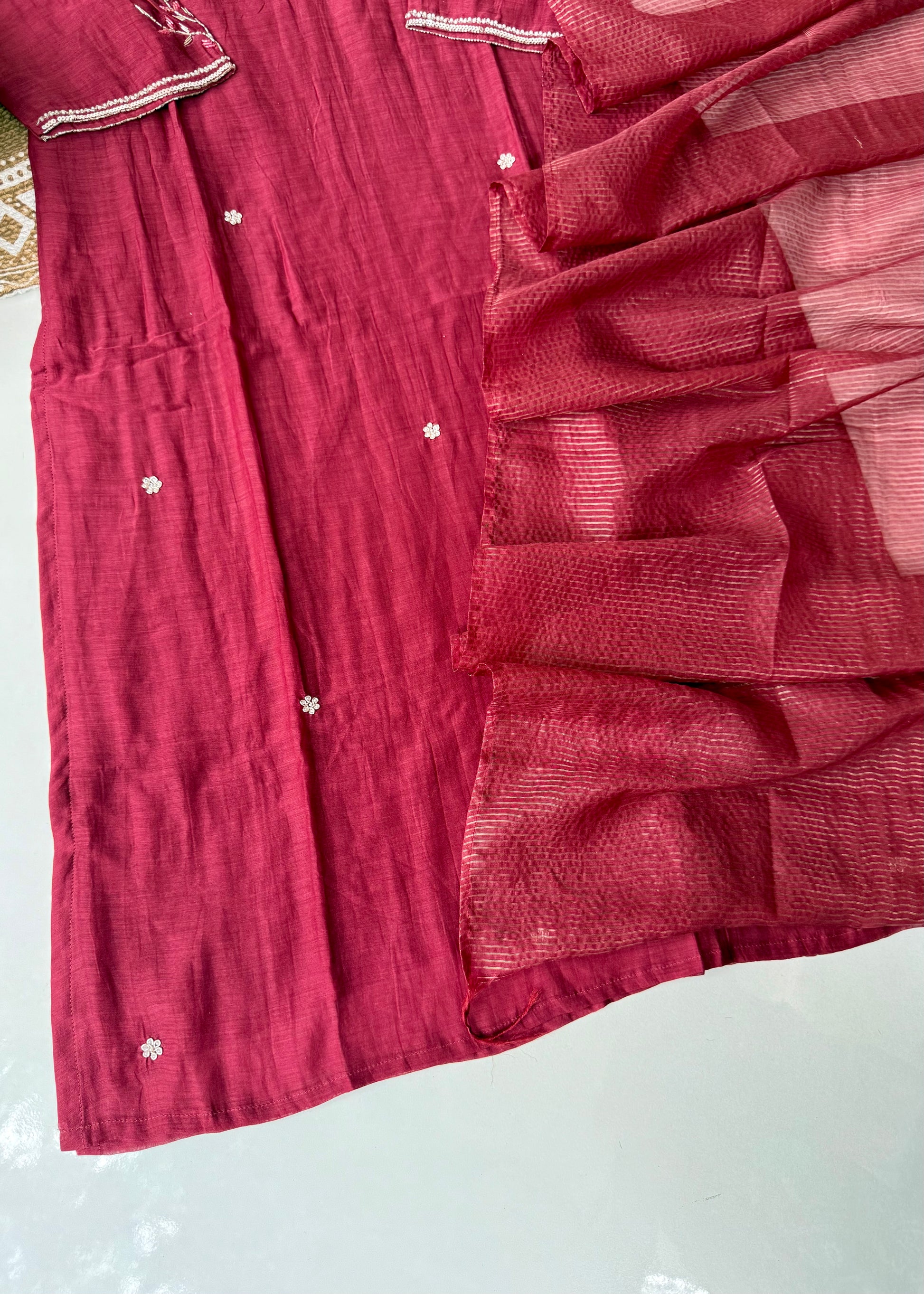 “Bindiya” Deep Rose Mul Chanderi handwork kurta set