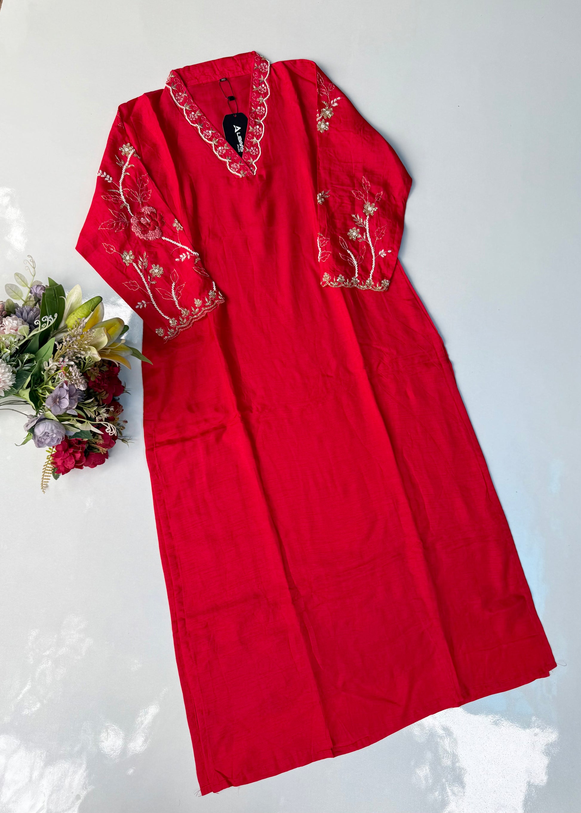 “Ivory” Beautiful Red Dola silk handcrafted kurta set