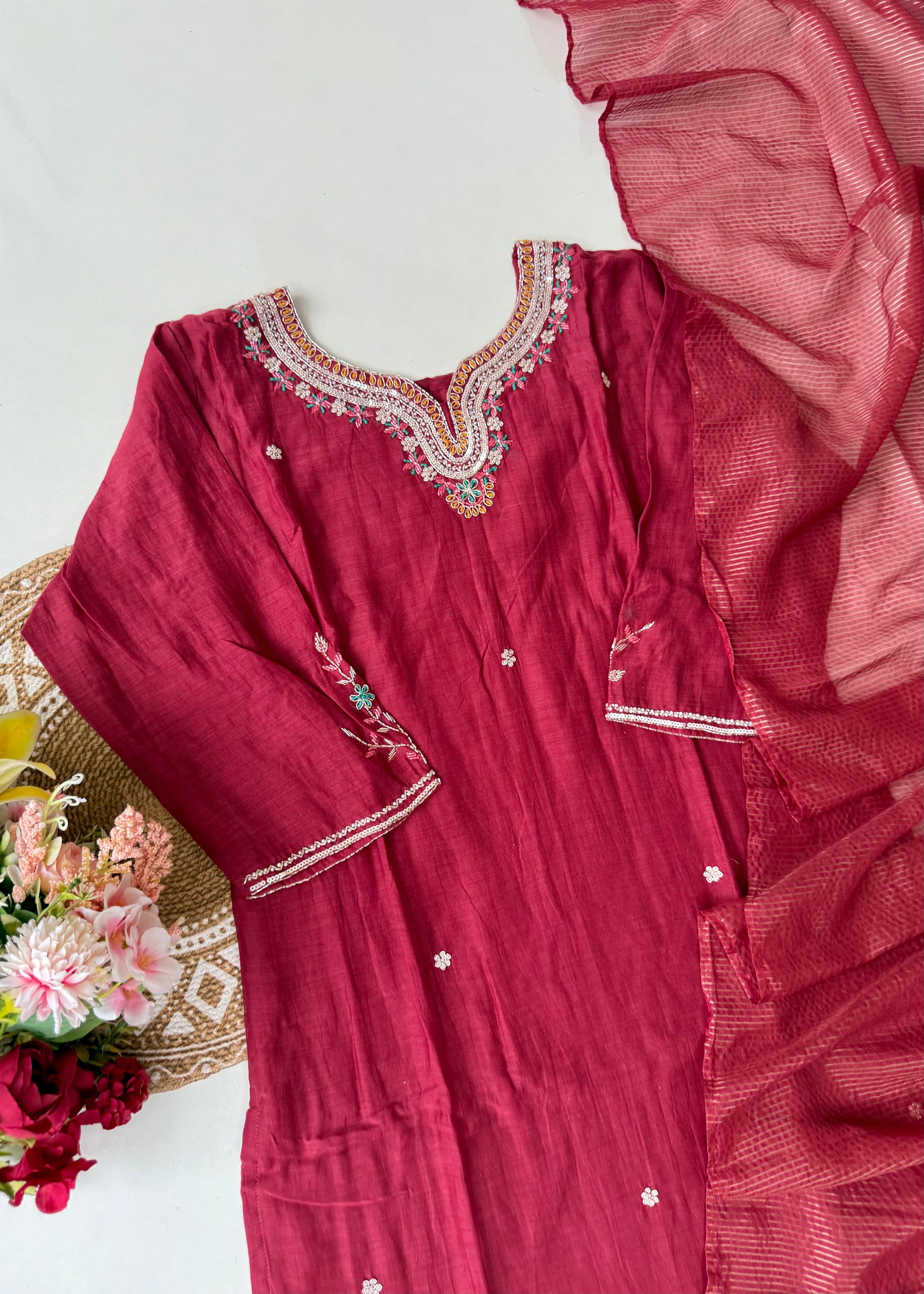“Bindiya” Deep Rose Mul Chanderi handwork kurta set