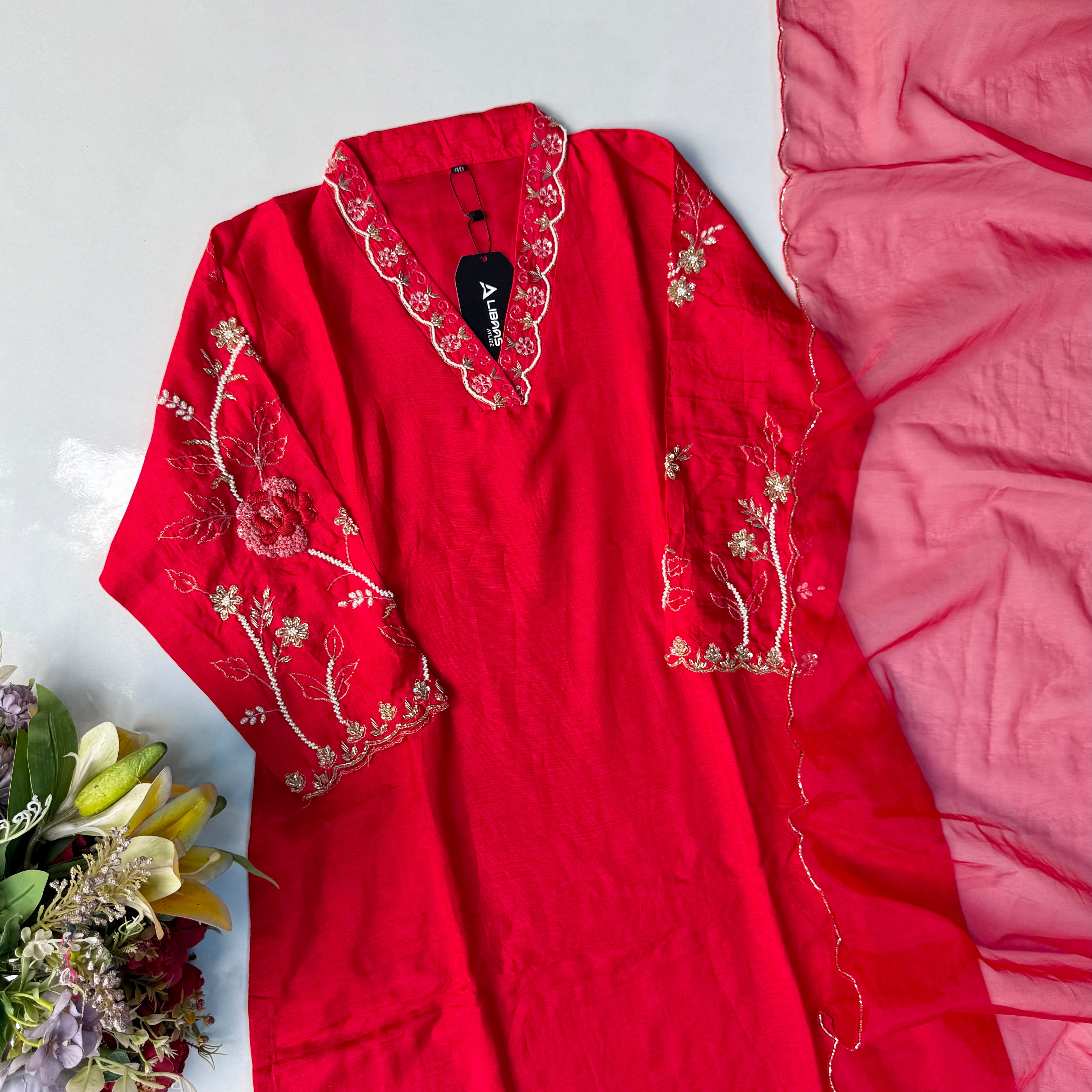 “Ivory” Beautiful Red Dola silk handcrafted kurta set