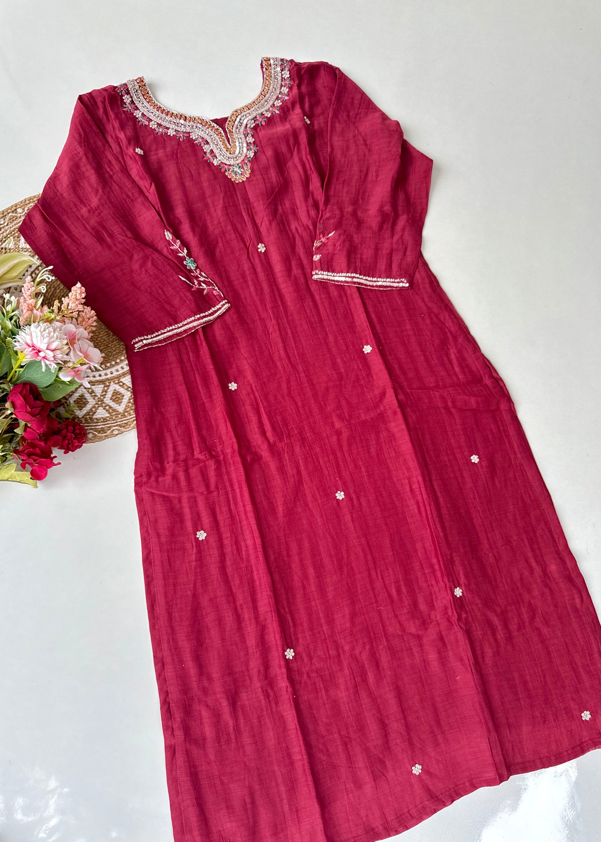 “Bindiya” Deep Rose Mul Chanderi handwork kurta set