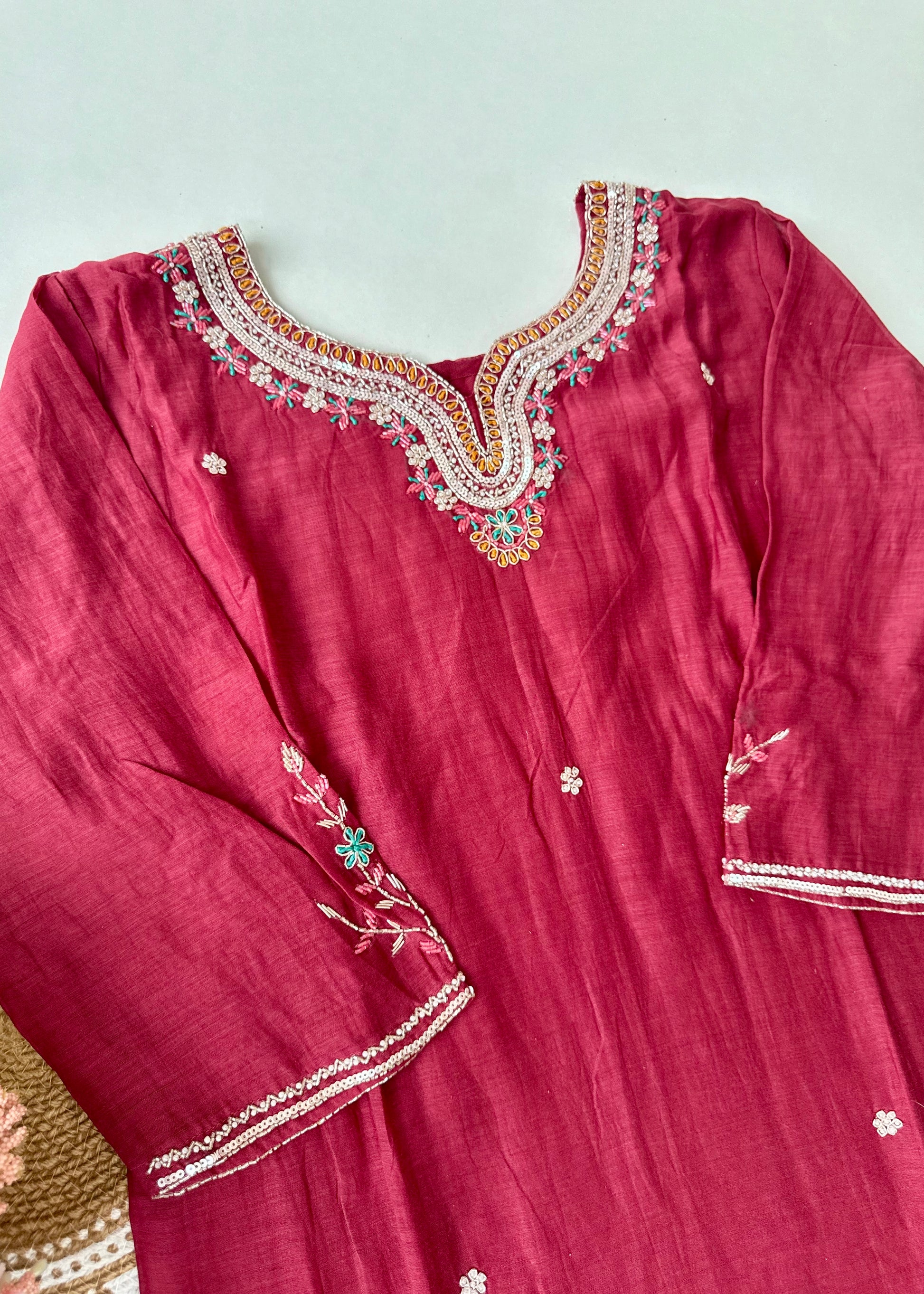 “Bindiya” Deep Rose Mul Chanderi handwork kurta set
