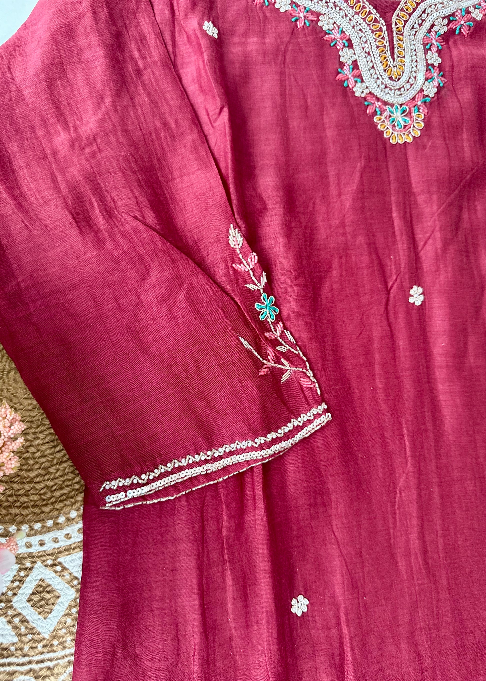 “Bindiya” Deep Rose Mul Chanderi handwork kurta set