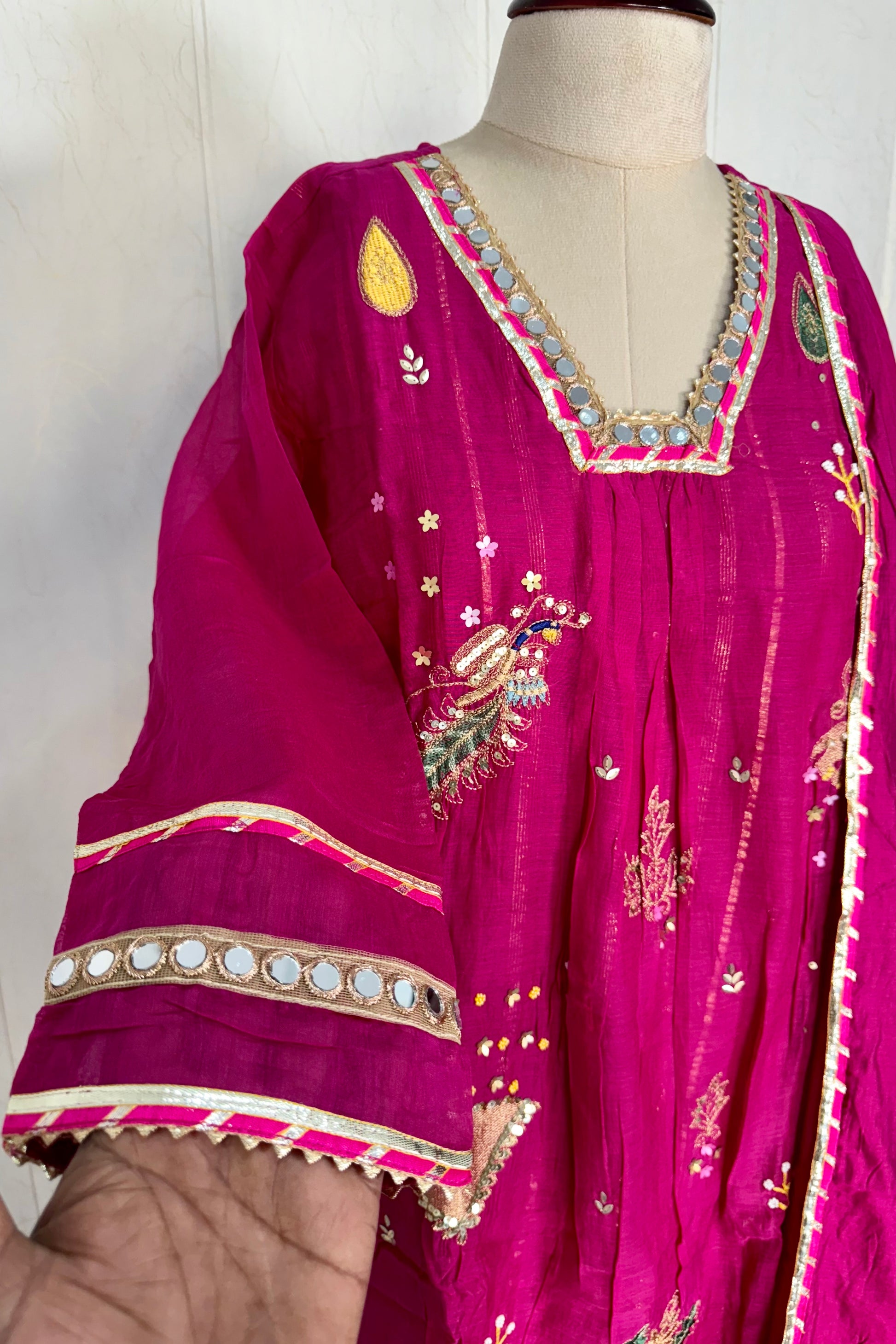 “Fuchsia” Trending Mul Chanderi Heavy Handwork A Line Suit Set