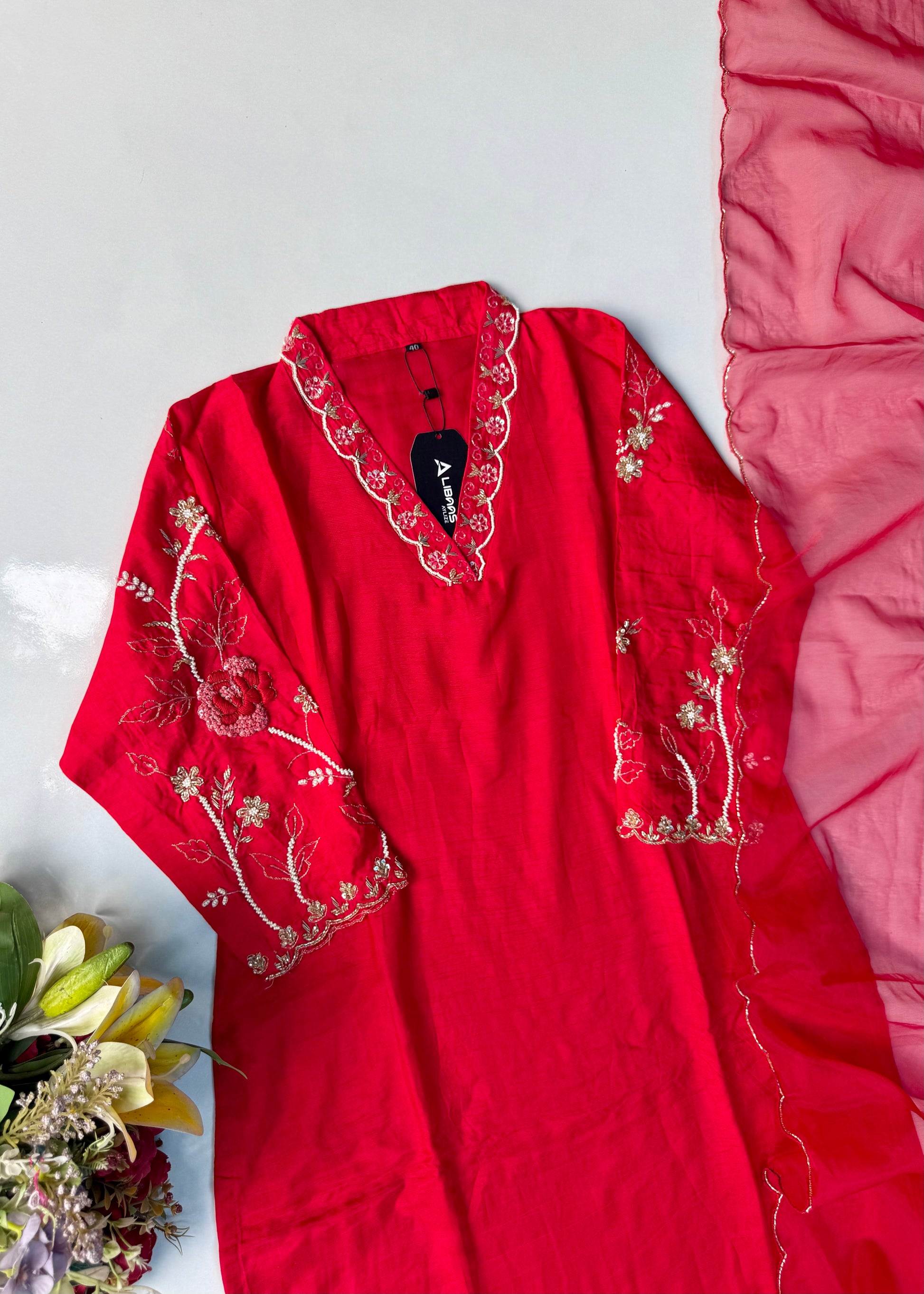 “Ivory” Beautiful Red Dola silk handcrafted kurta set
