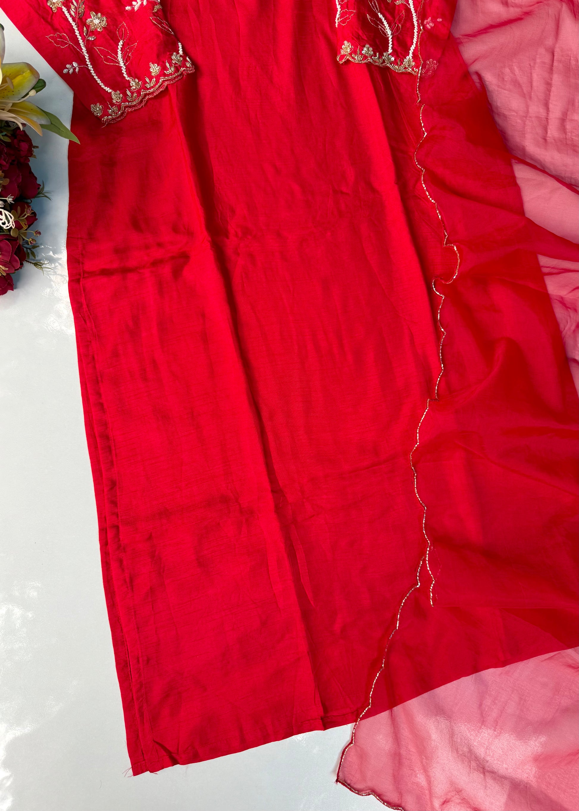 “Ivory” Beautiful Red Dola silk handcrafted kurta set