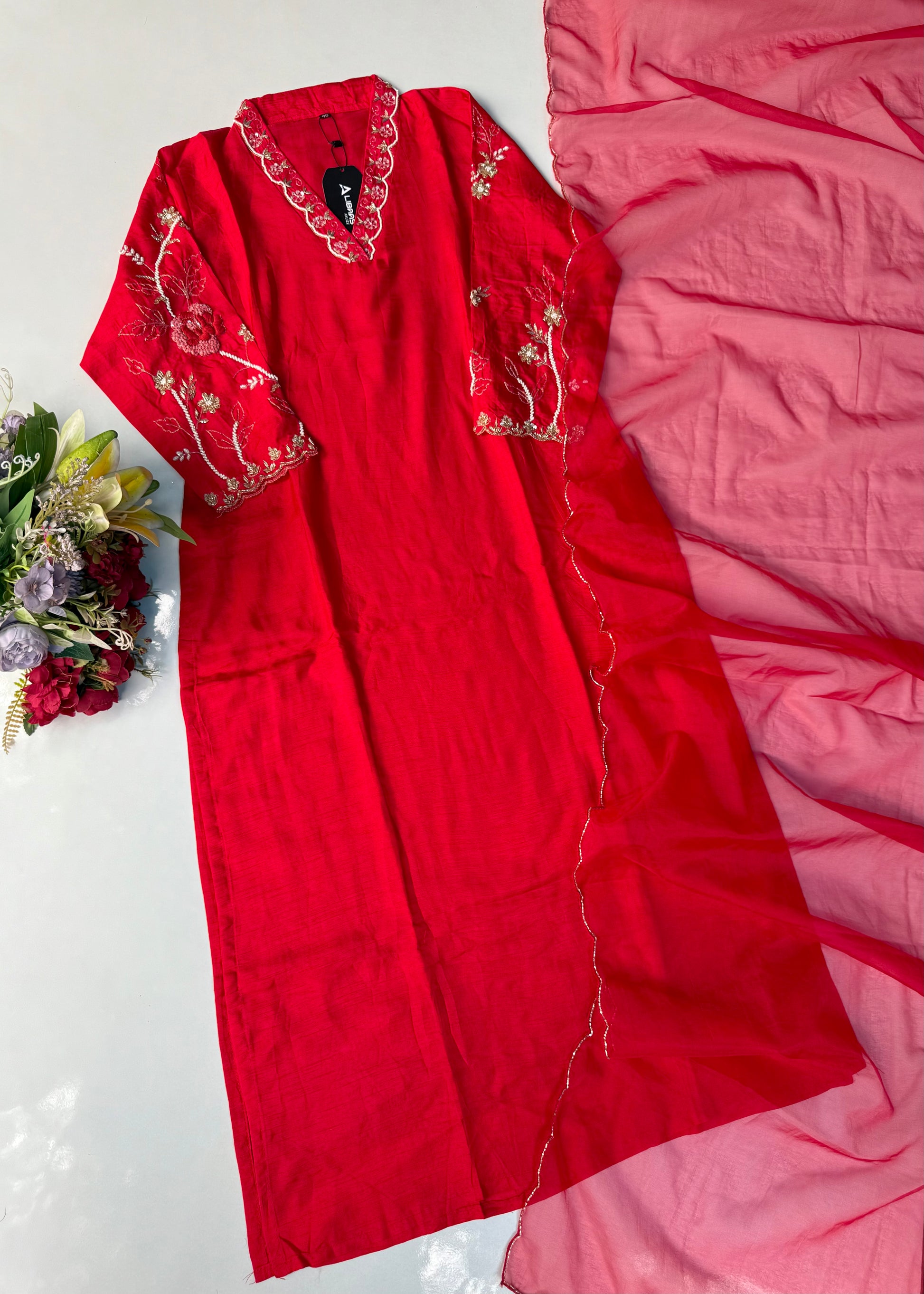 “Ivory” Beautiful Red Dola silk handcrafted kurta set