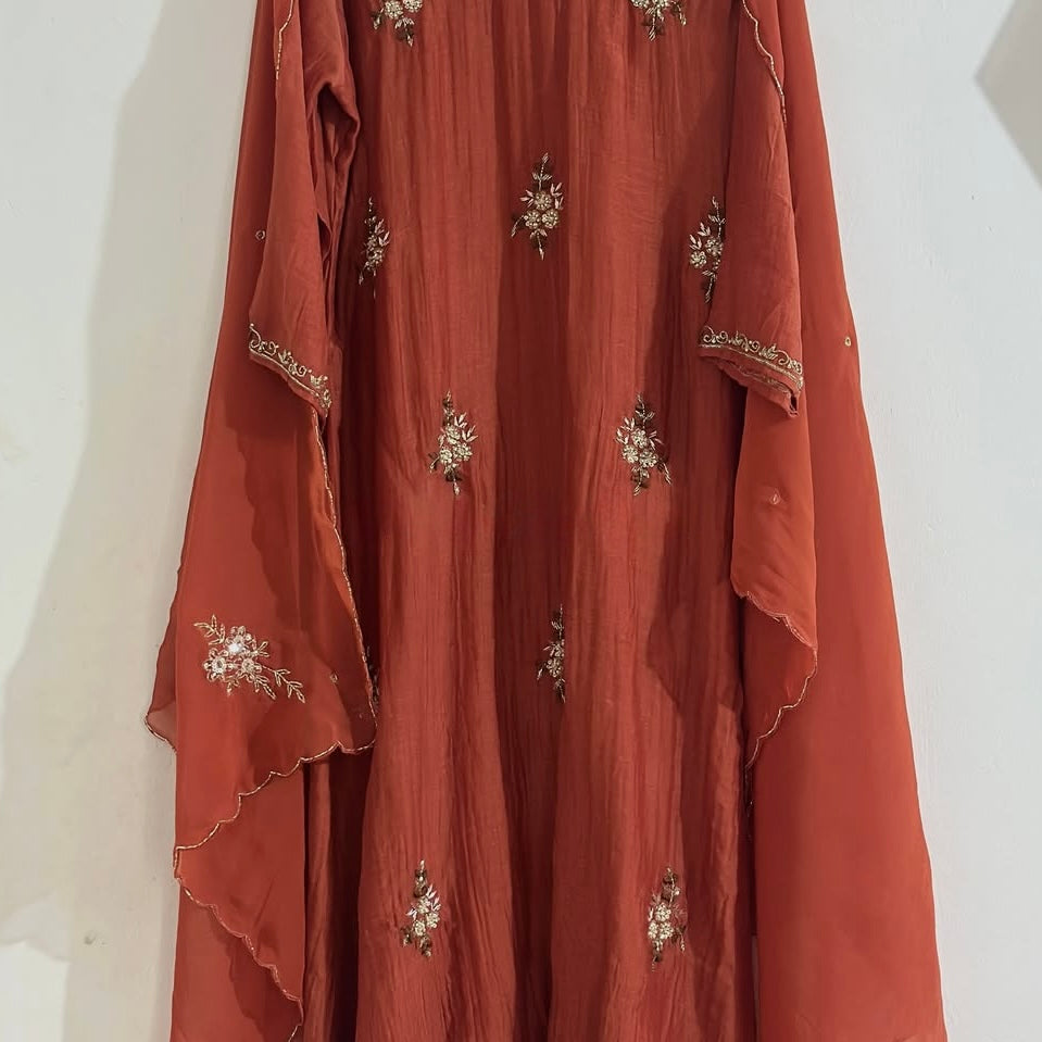 🍊Zidan- Premium Orange Mul Chanderi A Line Suit set