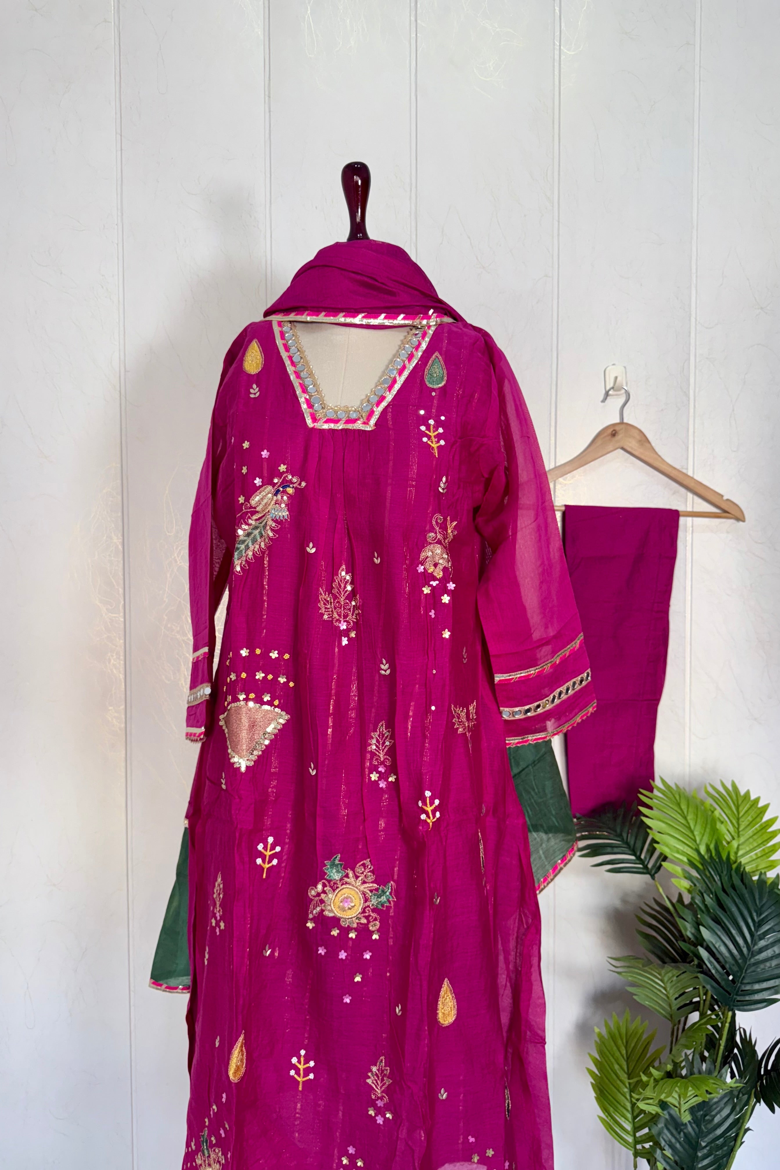 “Fuchsia” Trending Mul Chanderi Heavy Handwork A Line Suit Set