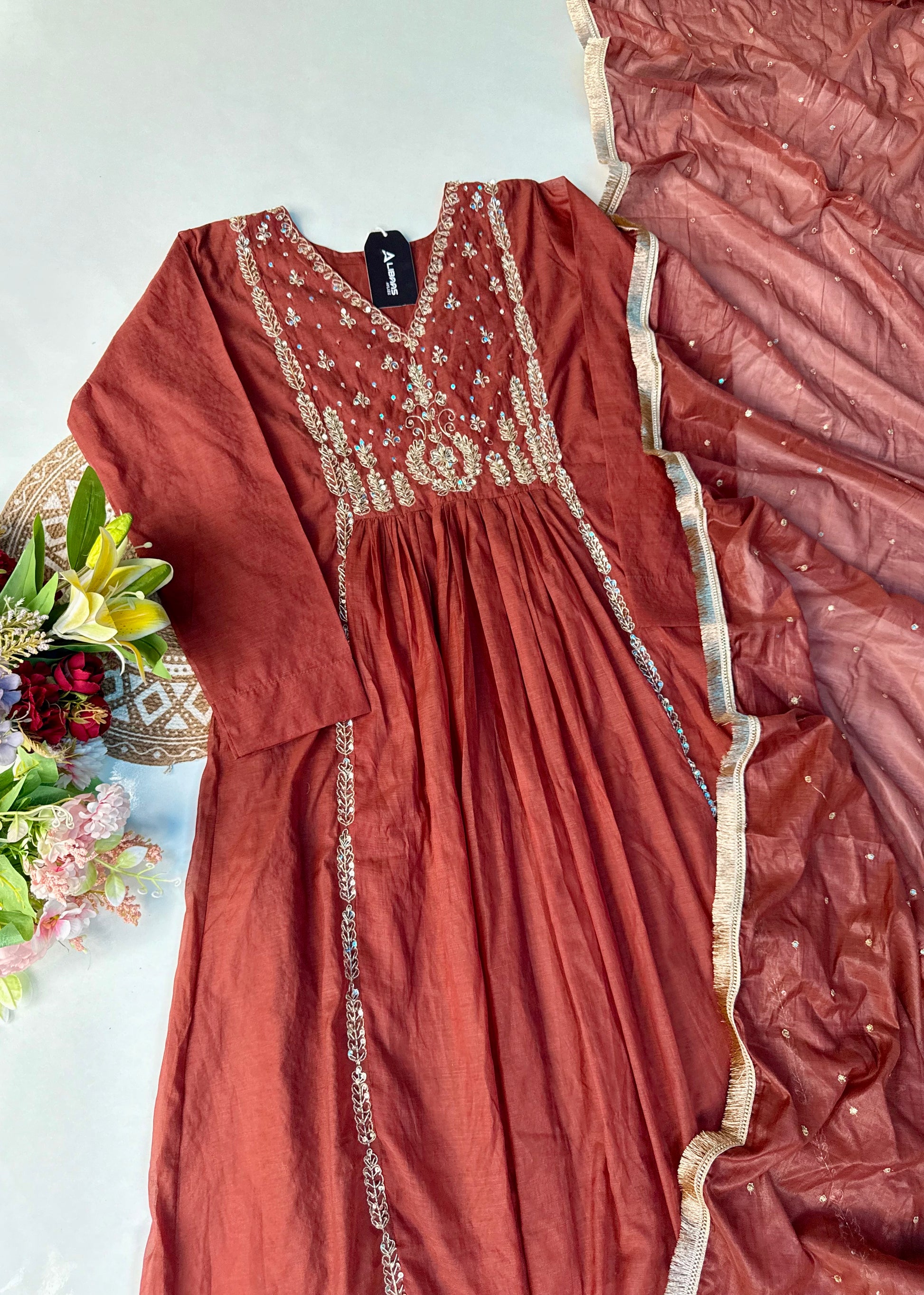 “Anya” Rust Brown Mul Chanderi anarkali kurta set