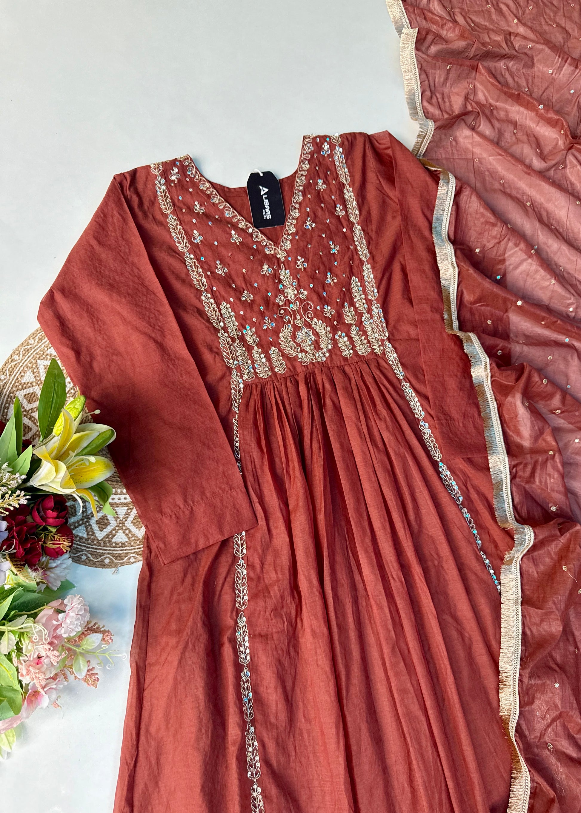 “Anya” Rust Brown Mul Chanderi anarkali kurta set