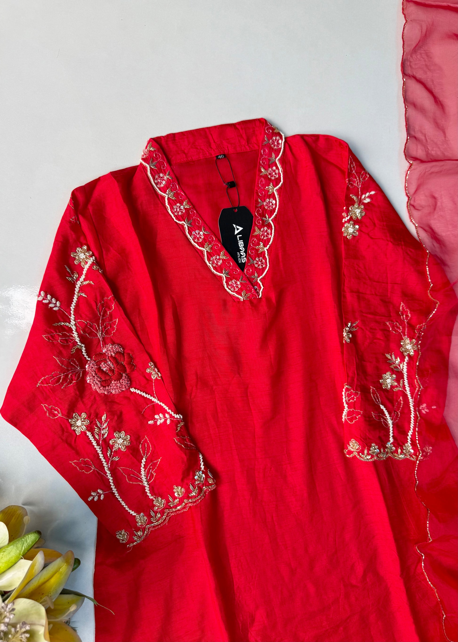 “Ivory” Beautiful Red Dola silk handcrafted kurta set