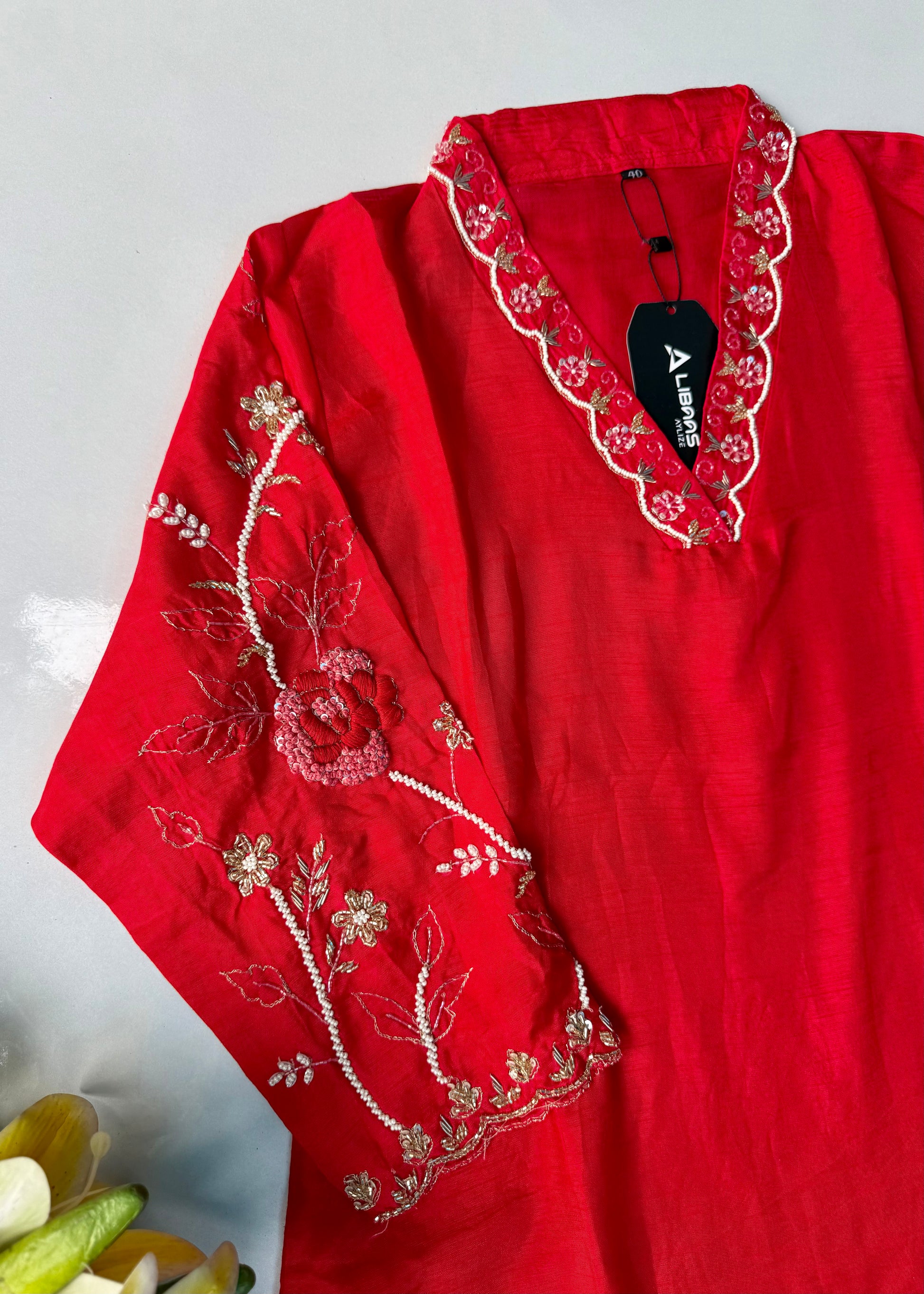 “Ivory” Beautiful Red Dola silk handcrafted kurta set