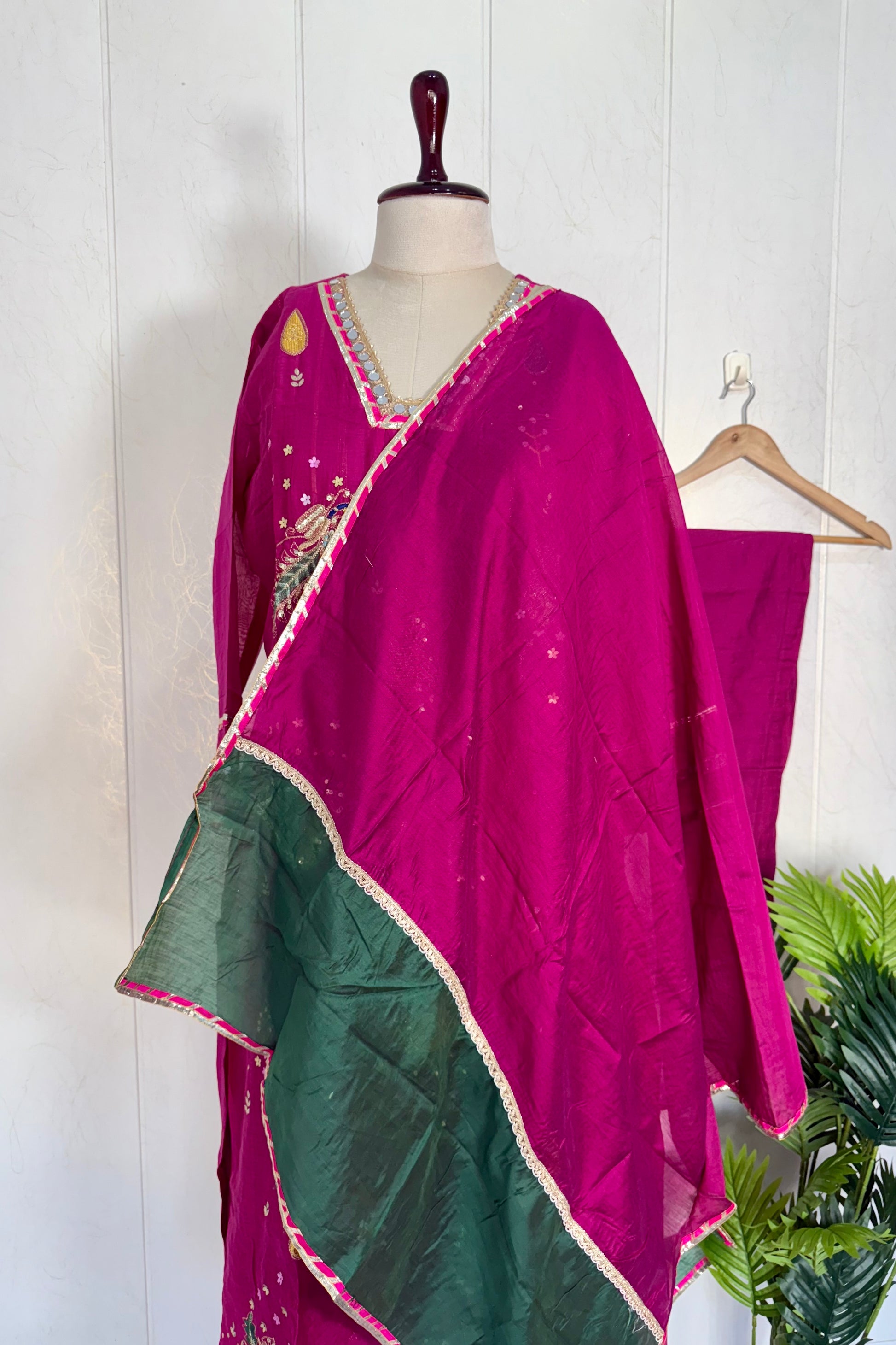 “Fuchsia” Trending Mul Chanderi Heavy Handwork A Line Suit Set
