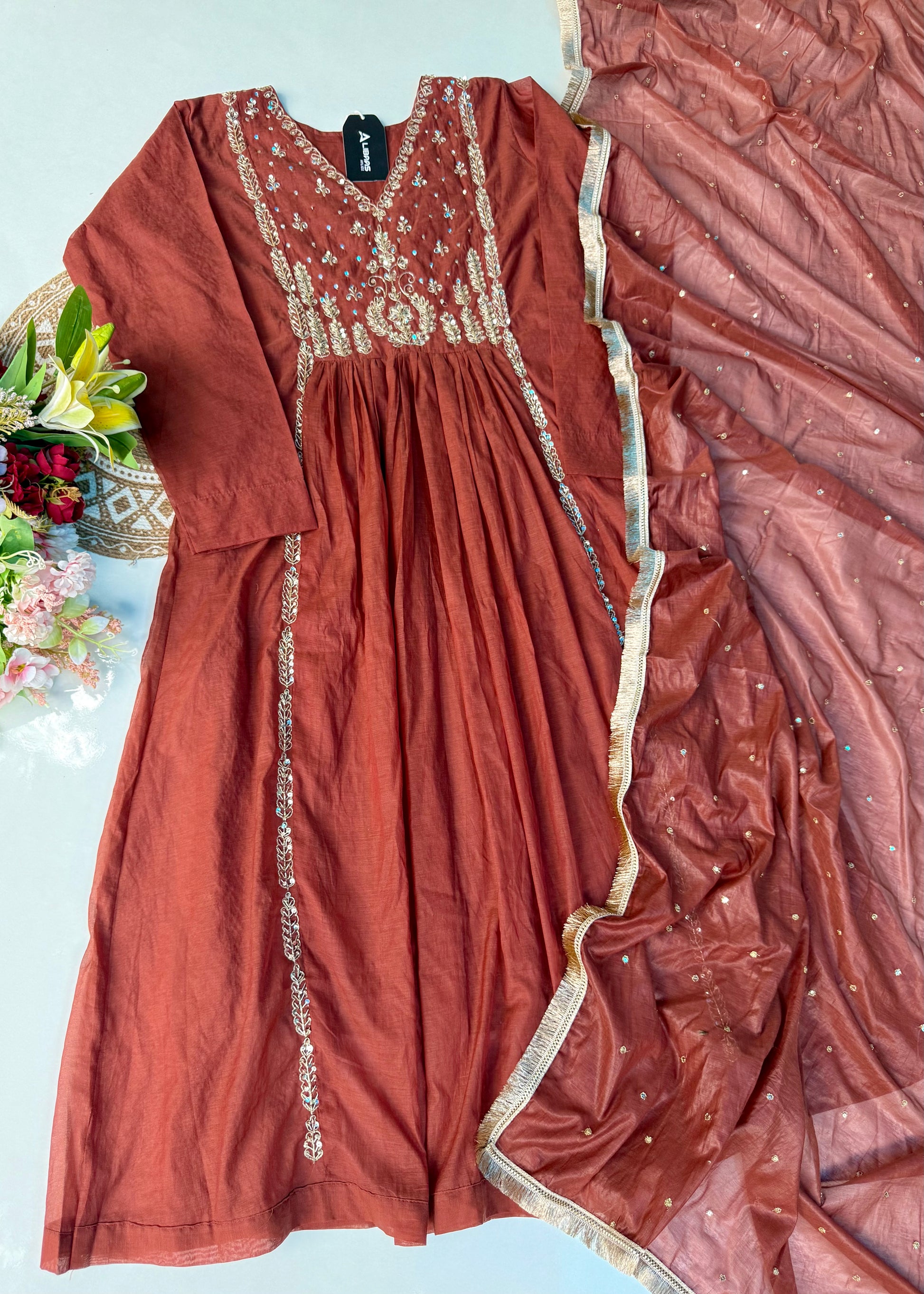 “Anya” Rust Brown Mul Chanderi anarkali kurta set