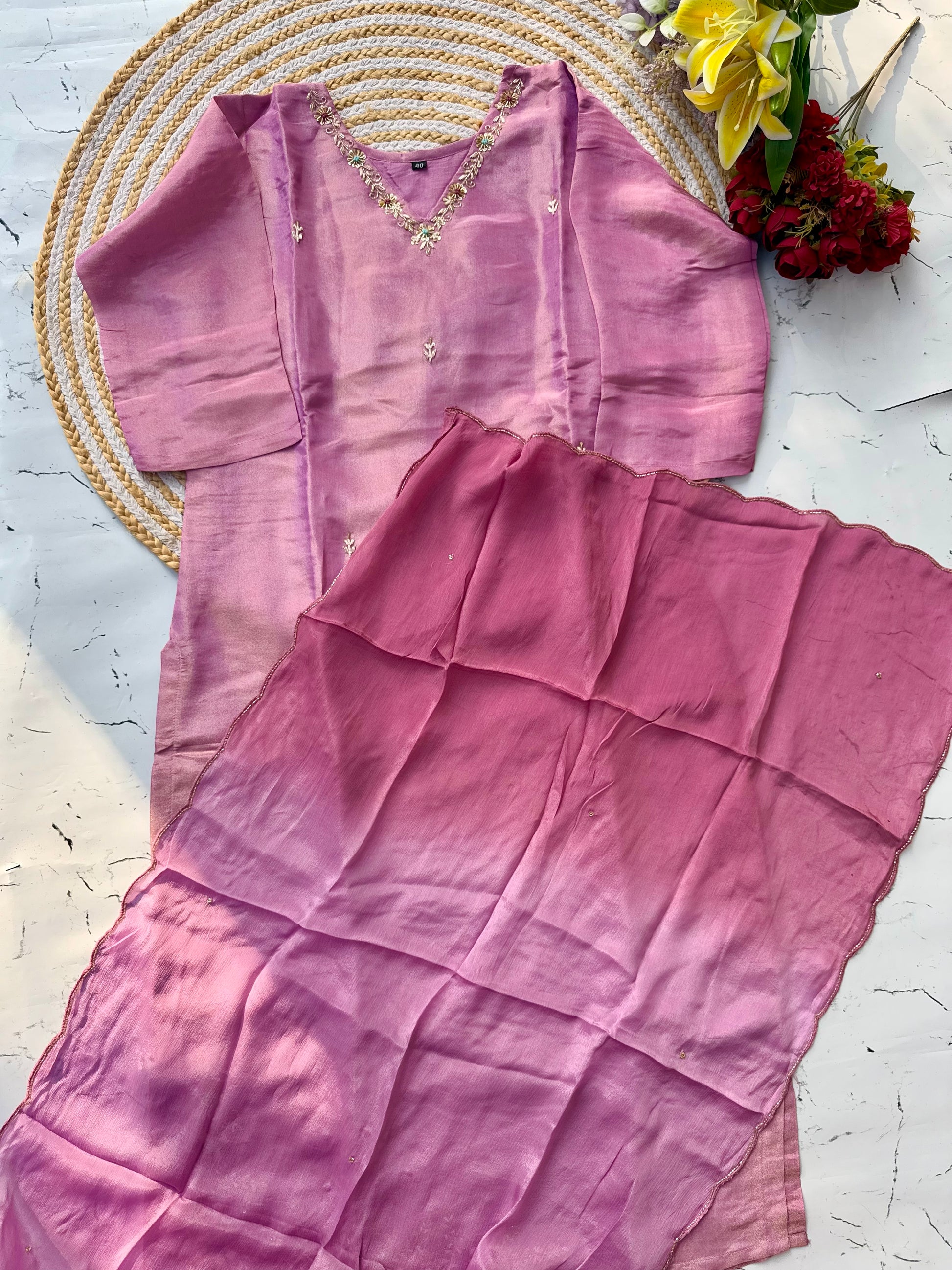 "Saumya" Tissue silk handcrafted kurti bottom dupatta set 🛍️