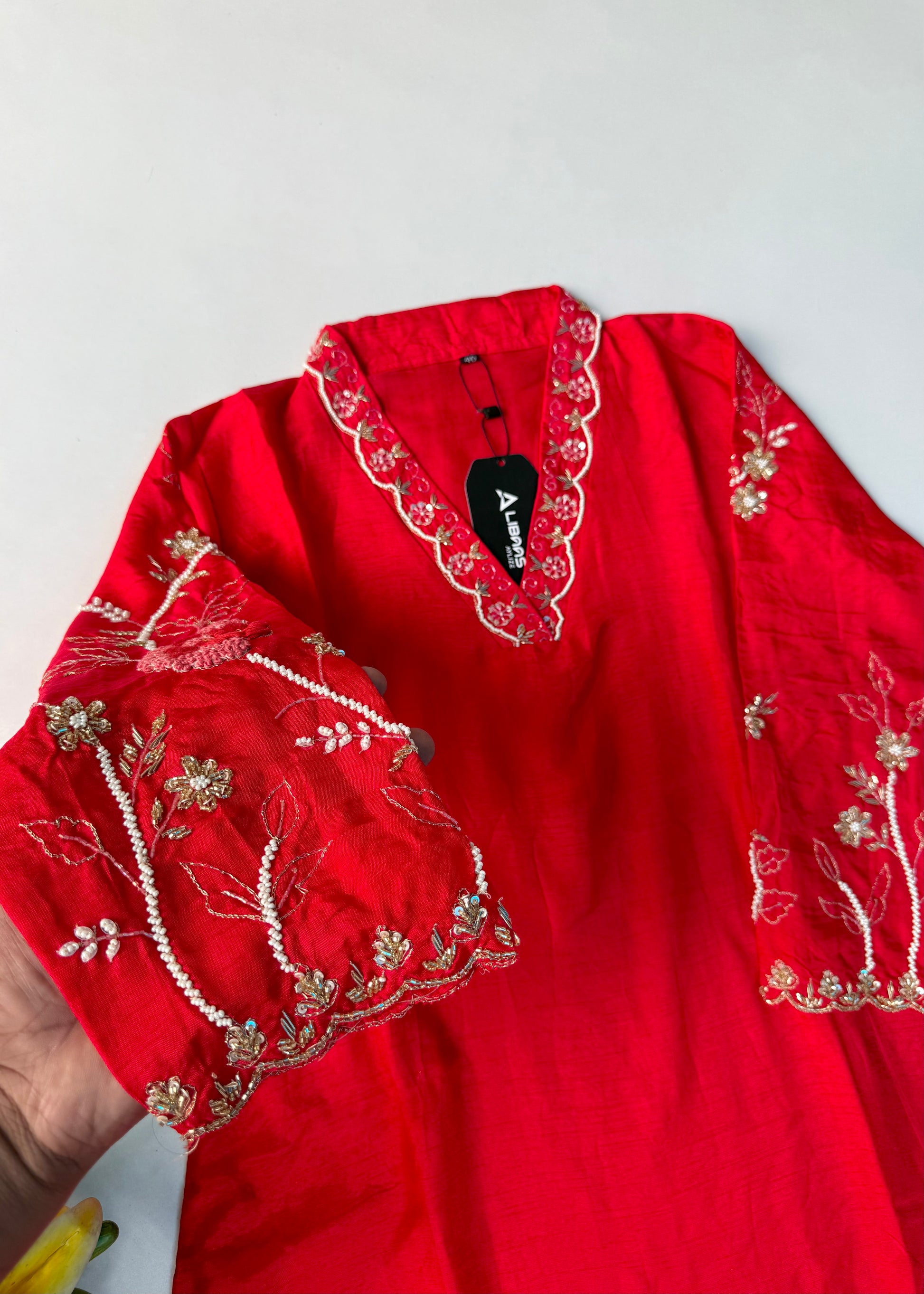“Ivory” Beautiful Red Dola silk handcrafted kurta set
