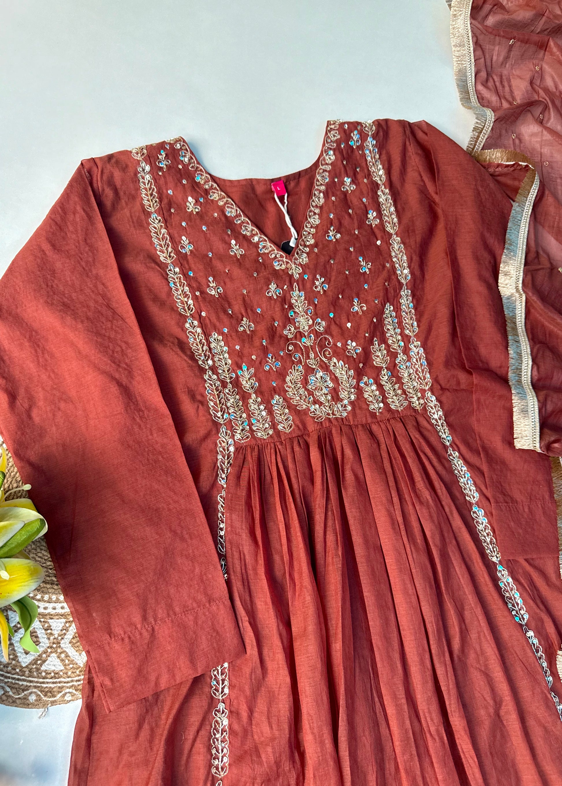 “Anya” Rust Brown Mul Chanderi anarkali kurta set