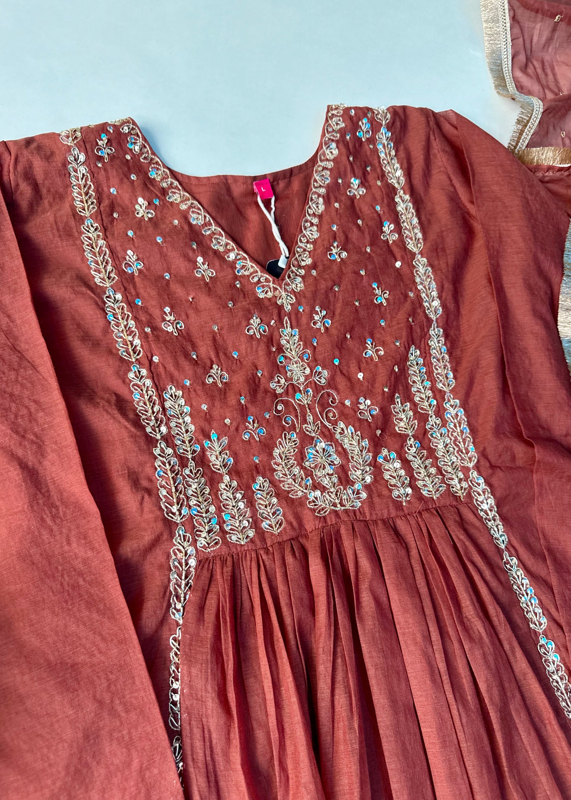 “Anya” Rust Brown Mul Chanderi anarkali kurta set