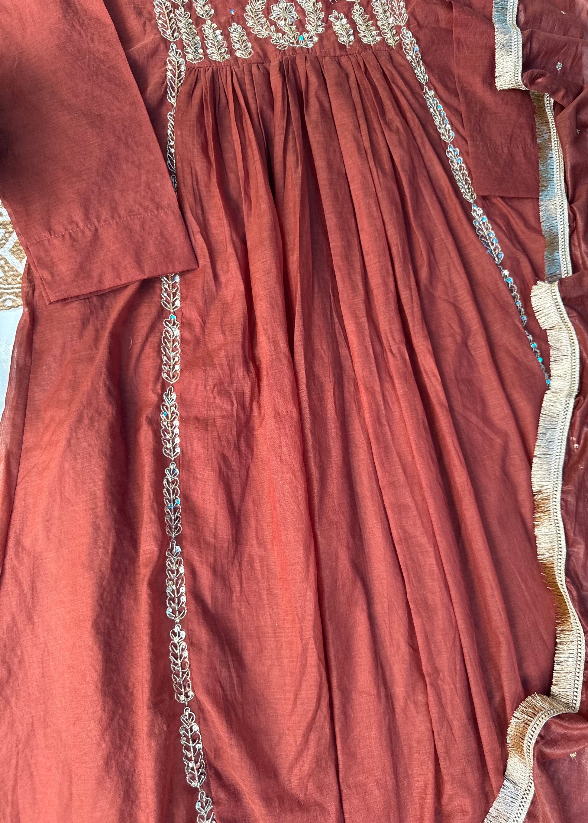 “Anya” Rust Brown Mul Chanderi anarkali kurta set