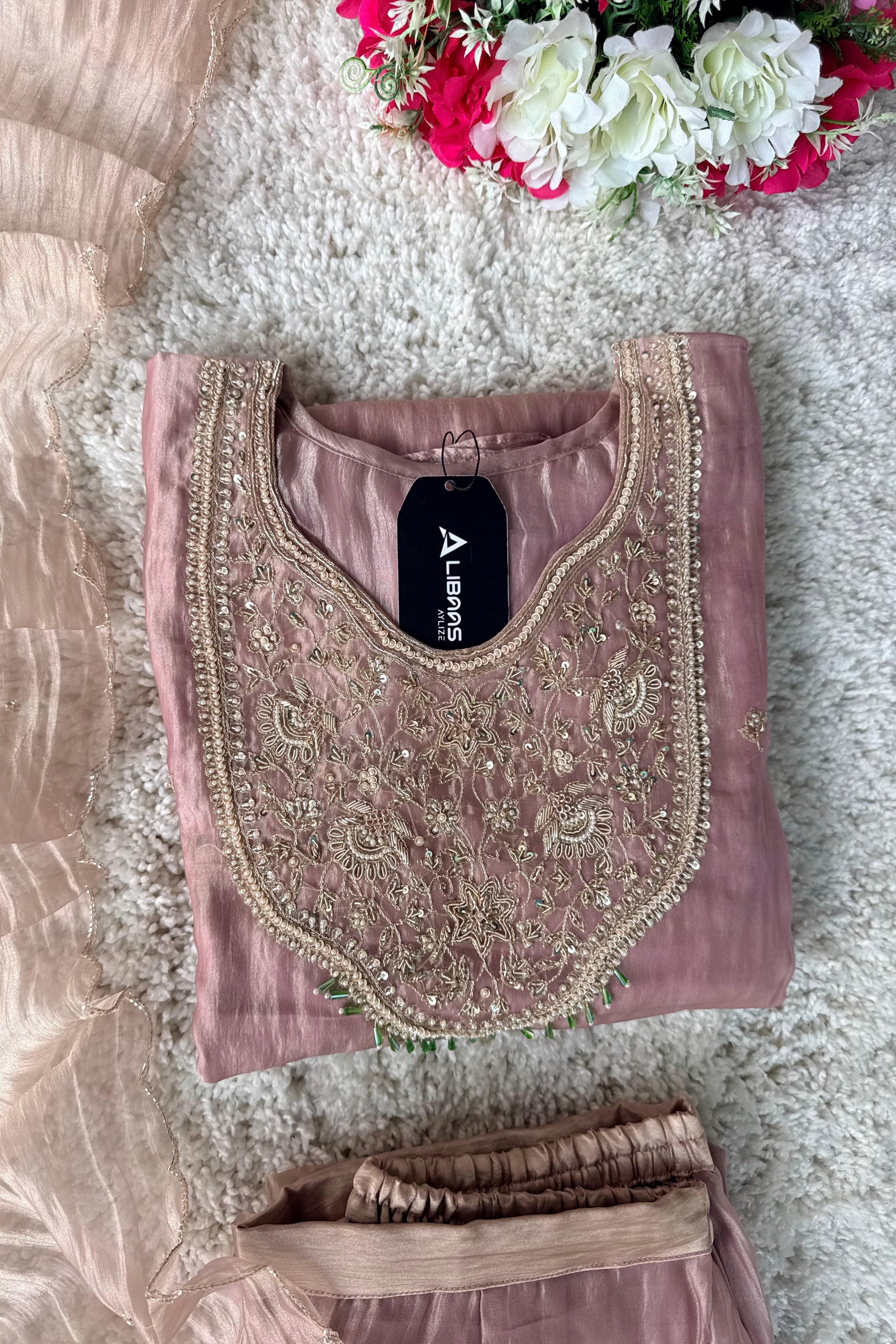 ✨Iqra - Mauve Pink Crushed Tissue A-Line Kurta sets