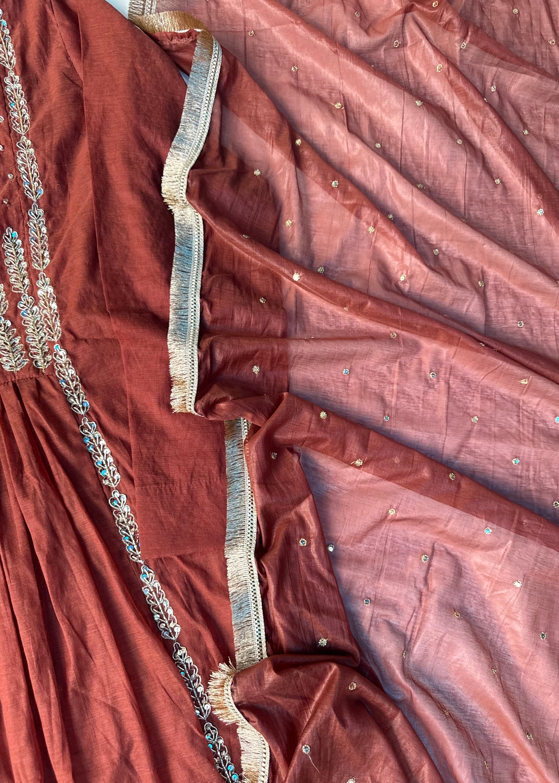 “Anya” Rust Brown Mul Chanderi anarkali kurta set