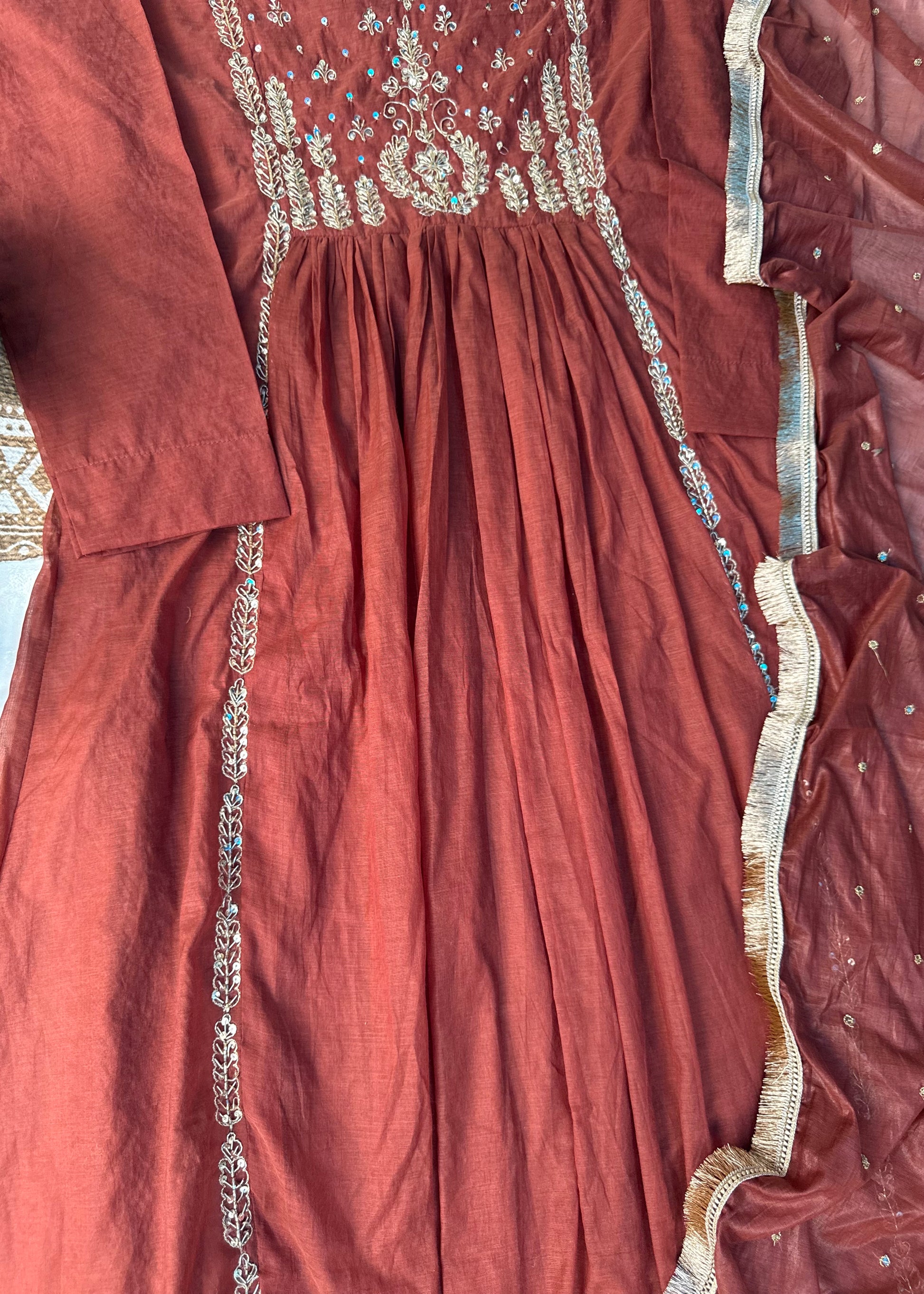 “Anya” Rust Brown Mul Chanderi anarkali kurta set