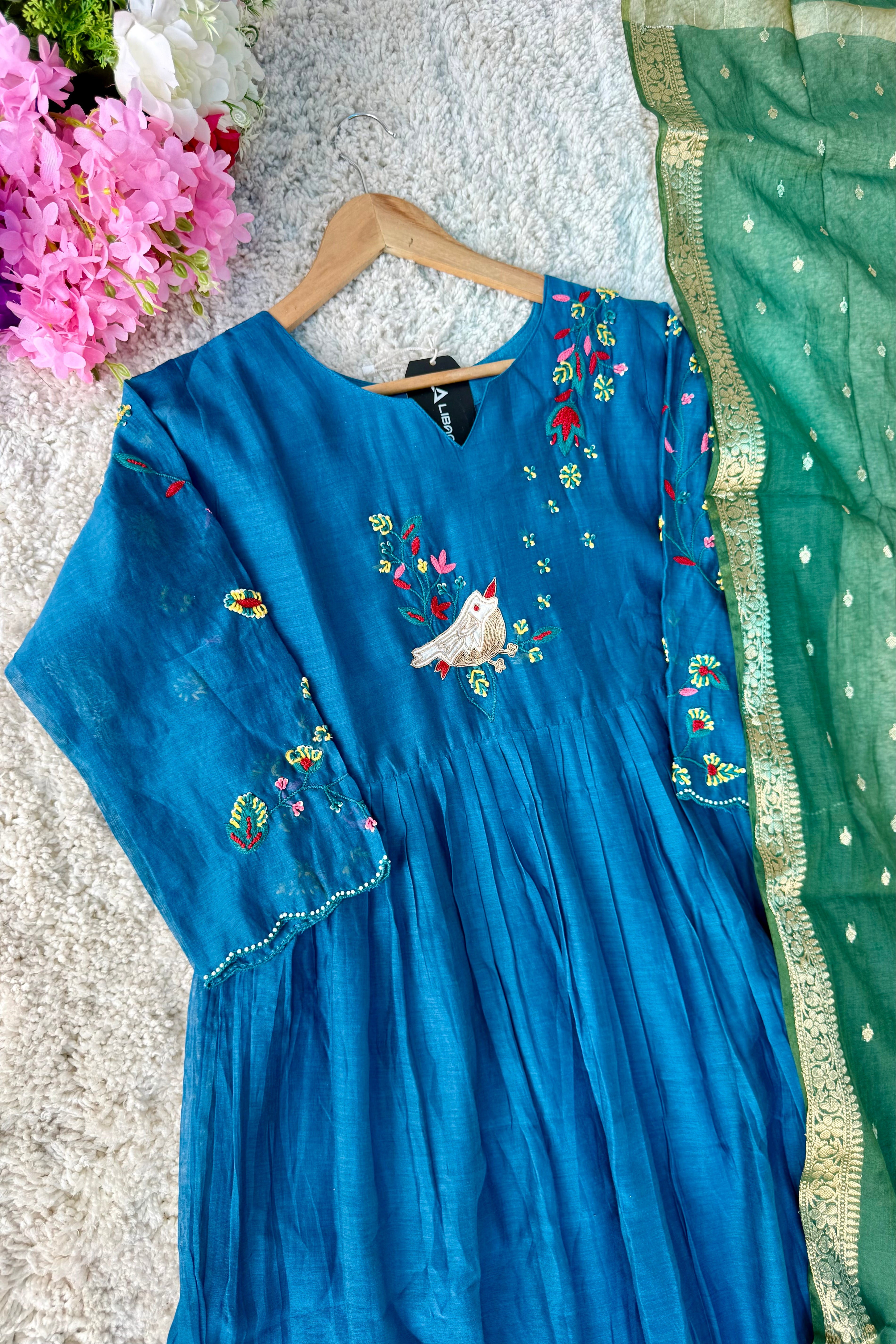 🛍️”Evie –  Premium Mul Chanderi Thred Work A Line Kurta Set