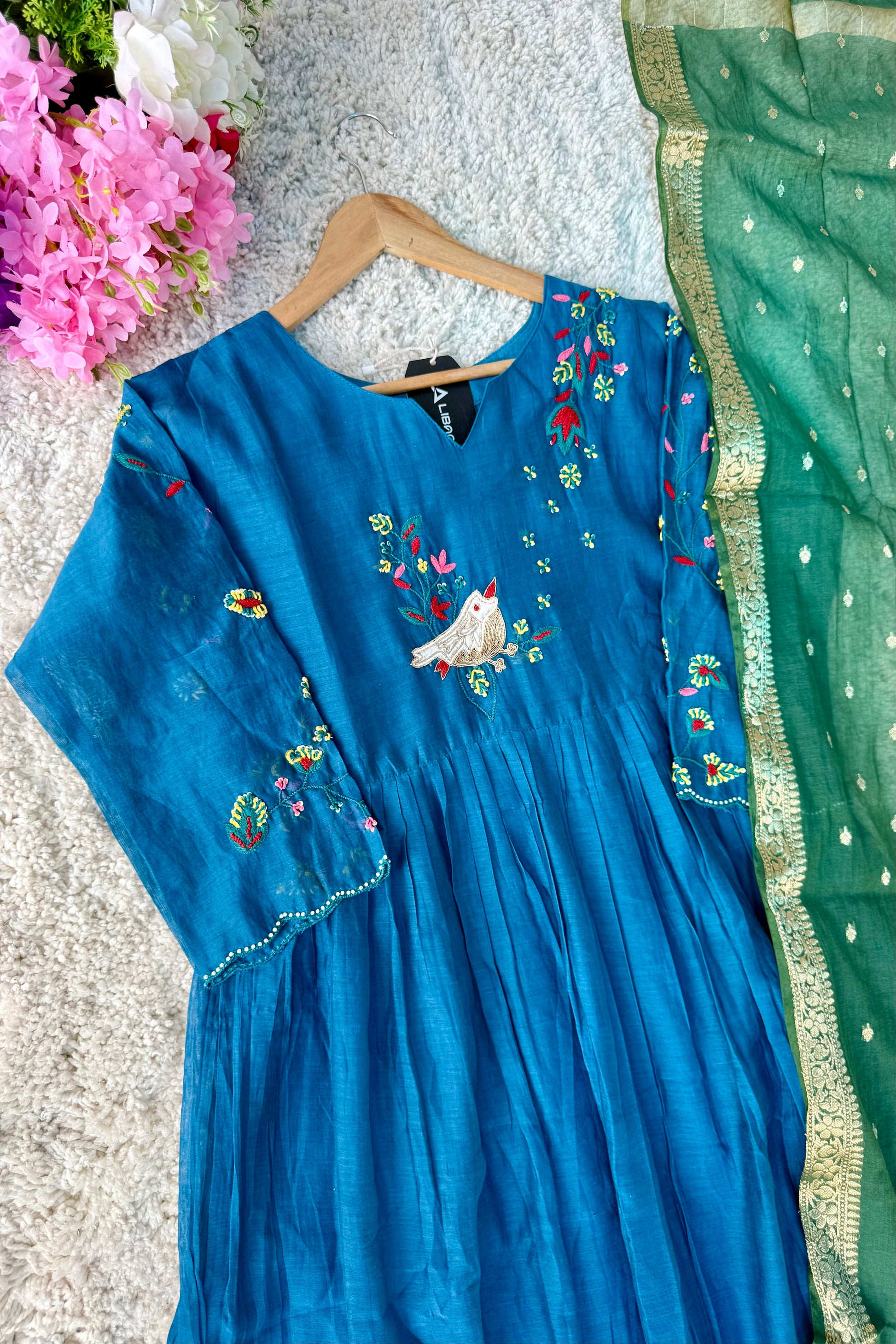 🛍️”Evie –  Premium Mul Chanderi Thred Work A Line Kurta Set