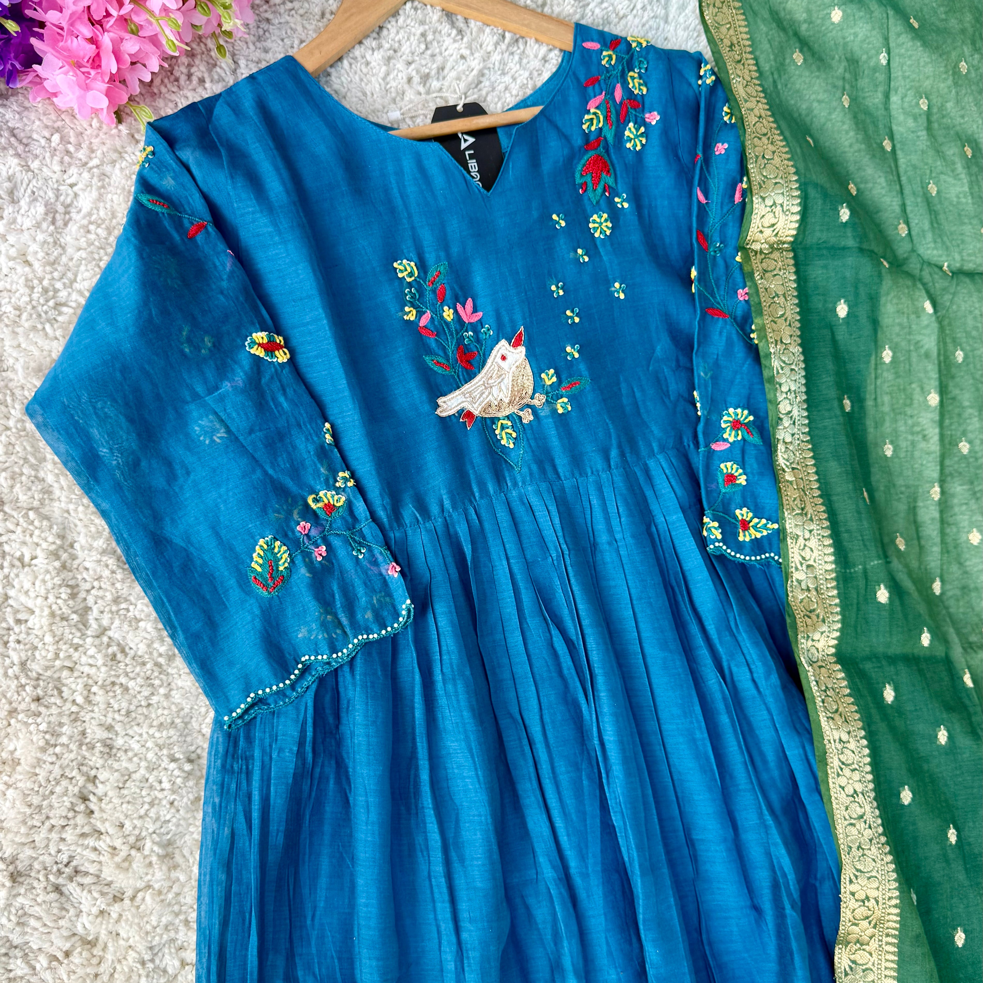 🛍️”Evie –  Premium Mul Chanderi Thred Work A Line Kurta Set