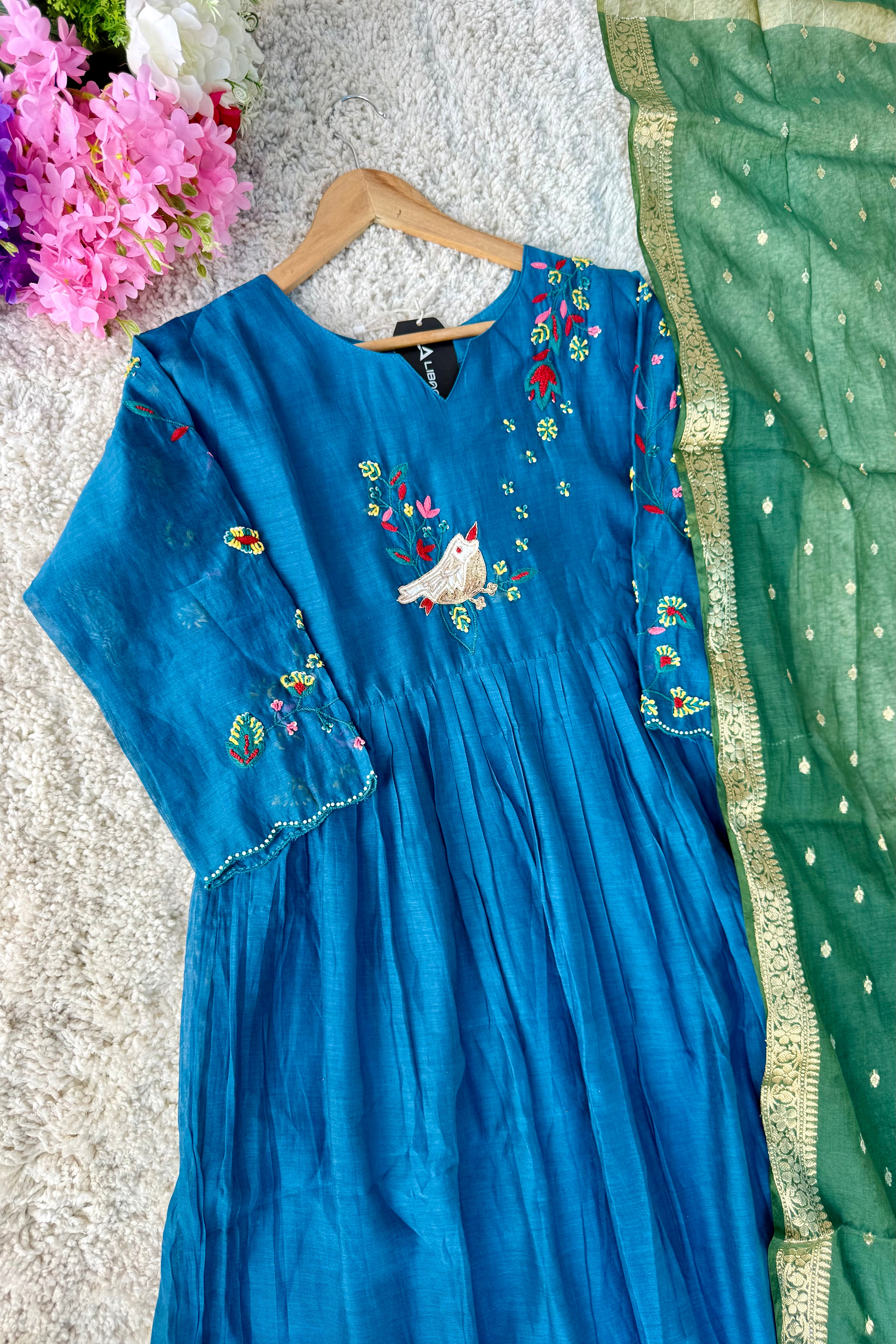 🛍️”Evie –  Premium Mul Chanderi Thred Work A Line Kurta Set