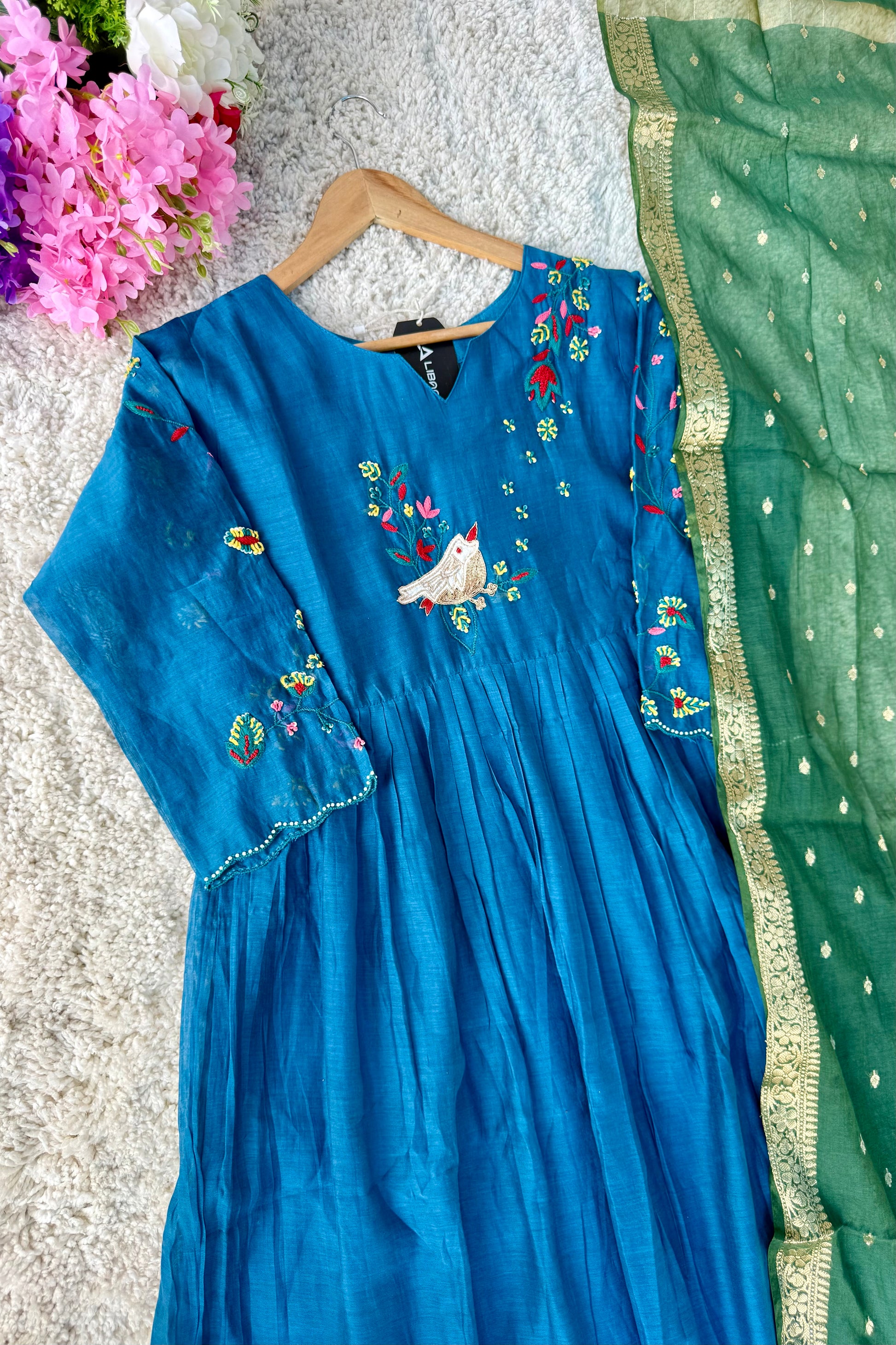 🛍️”Evie –  Premium Mul Chanderi Thred Work A Line Kurta Set