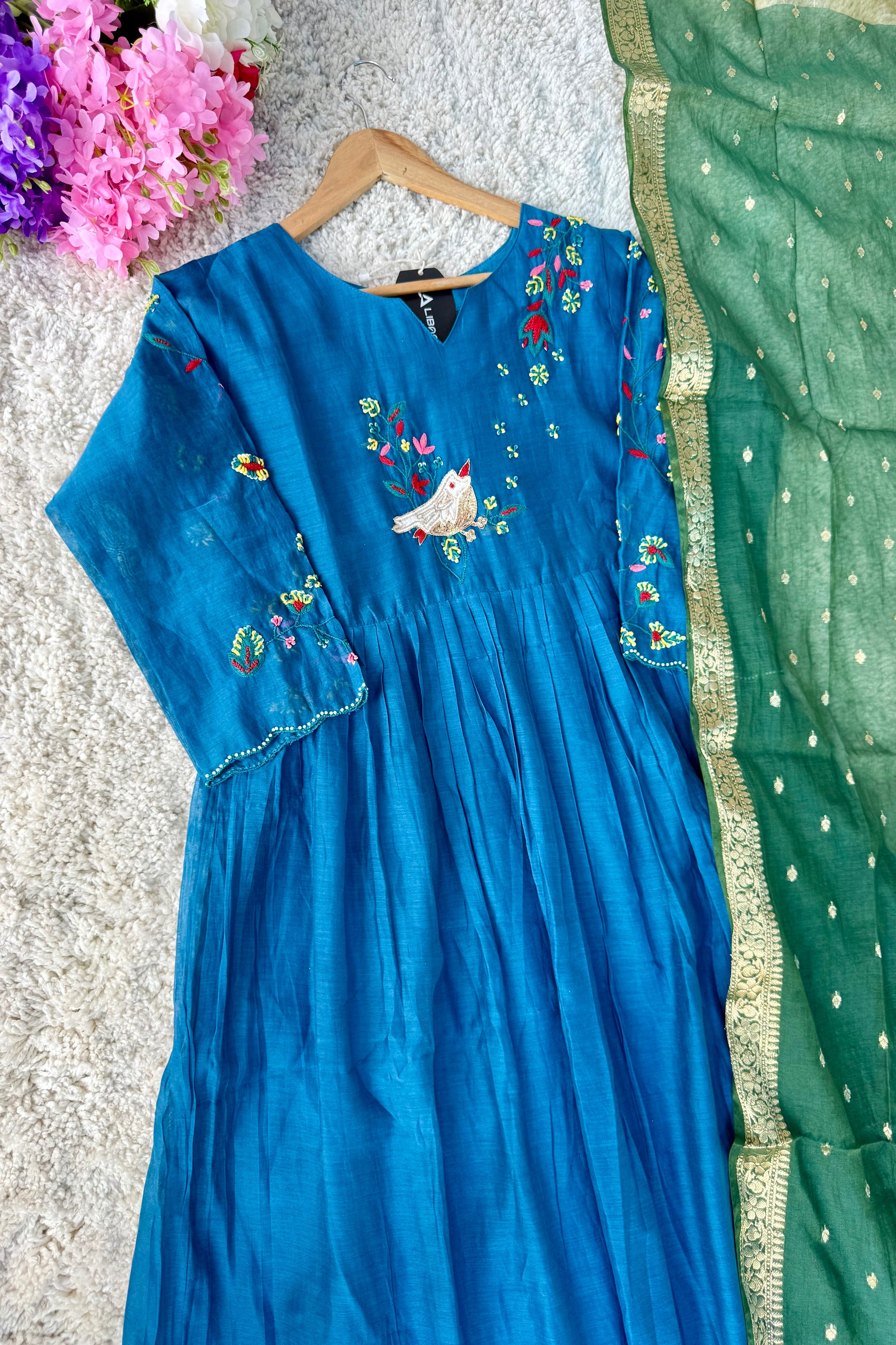 🛍️”Evie –  Premium Mul Chanderi Thred Work A Line Kurta Set