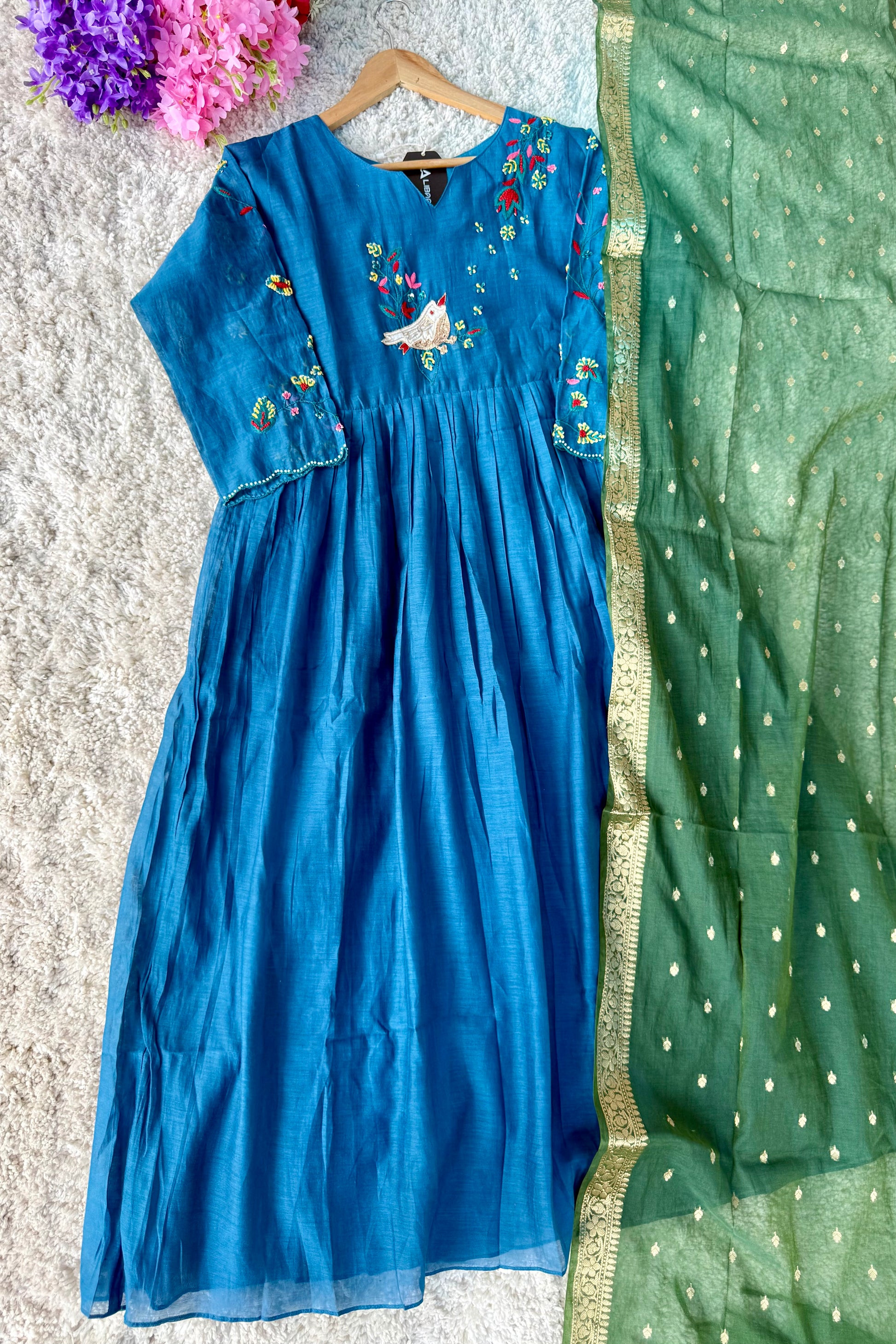 🛍️”Evie –  Premium Mul Chanderi Thred Work A Line Kurta Set