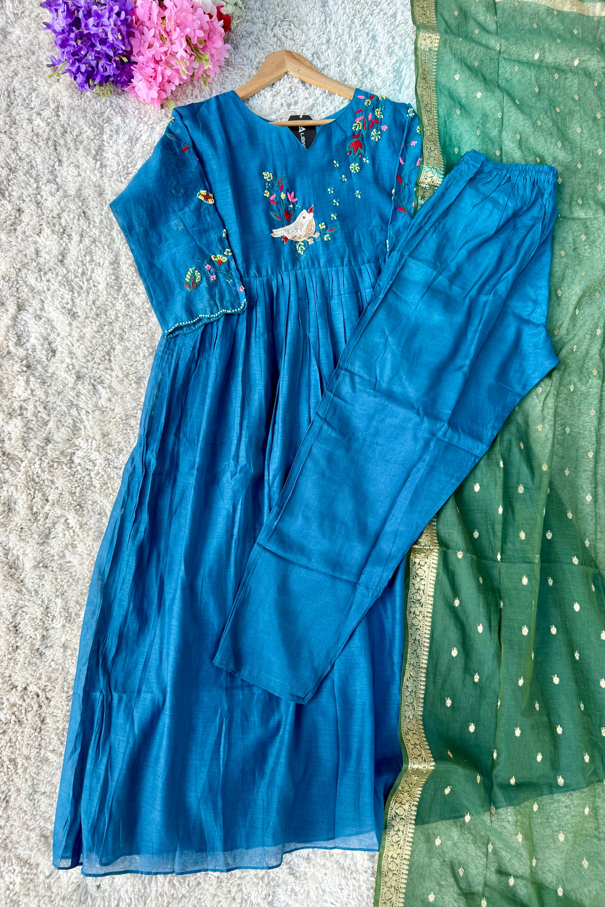 🛍️”Evie –  Premium Mul Chanderi Thred Work A Line Kurta Set