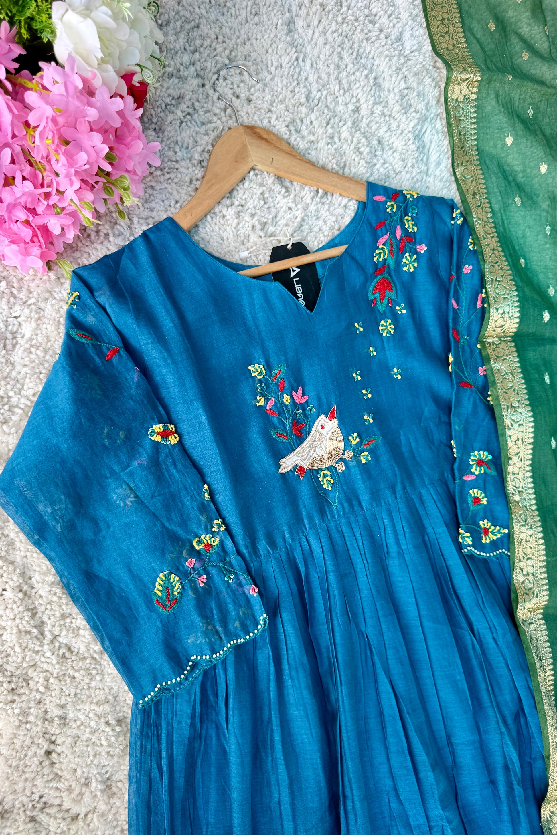 🛍️”Evie –  Premium Mul Chanderi Thred Work A Line Kurta Set