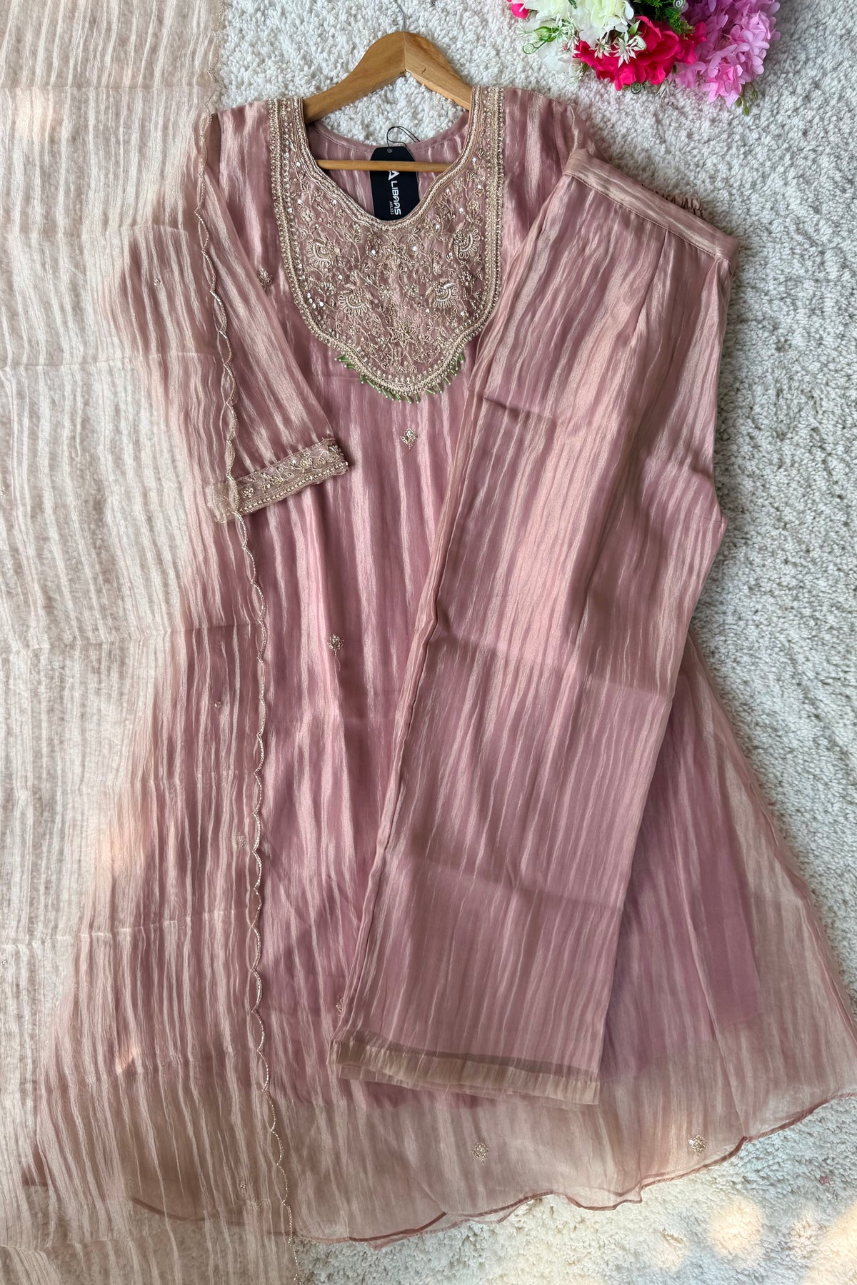 ✨Iqra - Mauve Pink Crushed Tissue A-Line Kurta sets