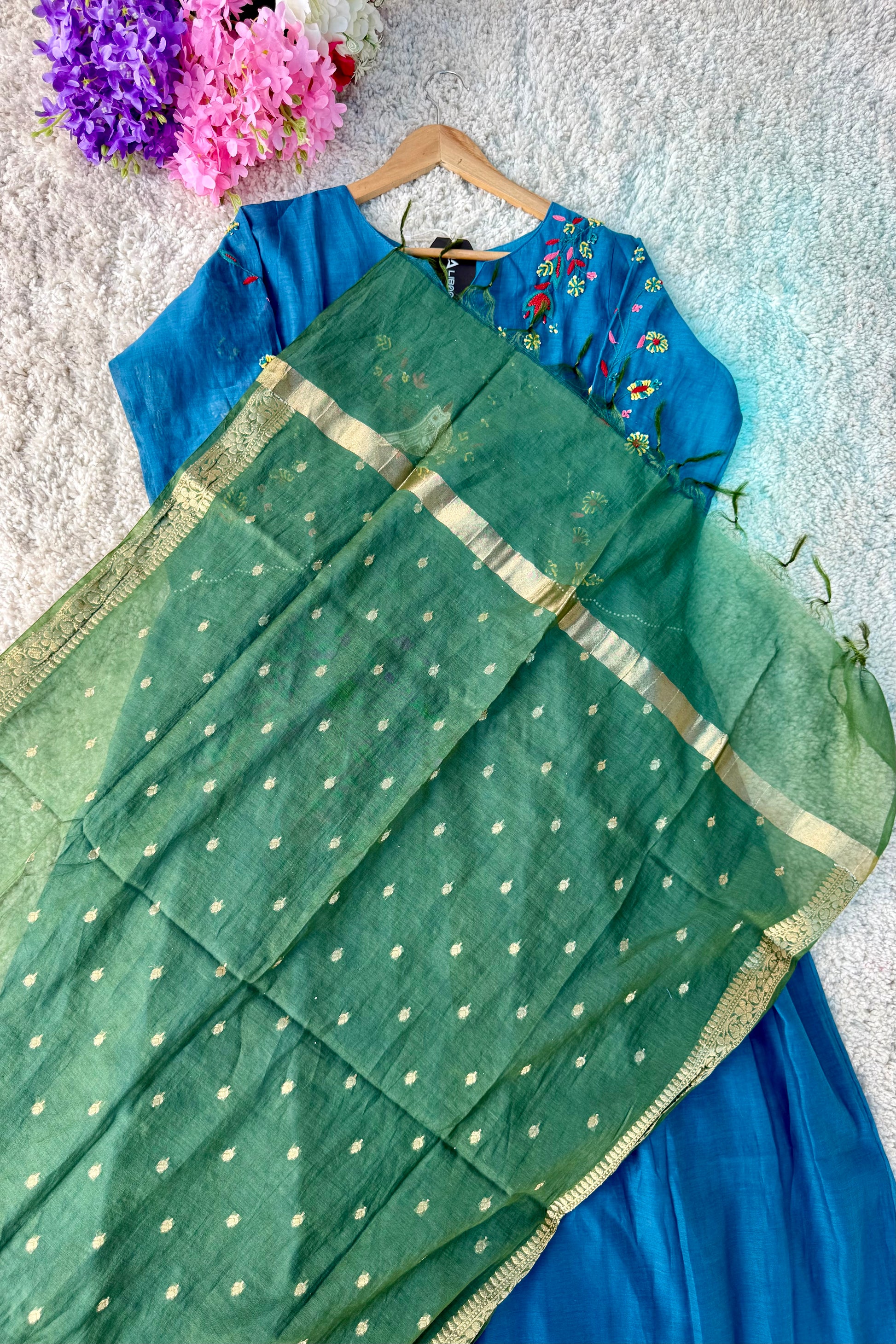 🛍️”Evie –  Premium Mul Chanderi Thred Work A Line Kurta Set