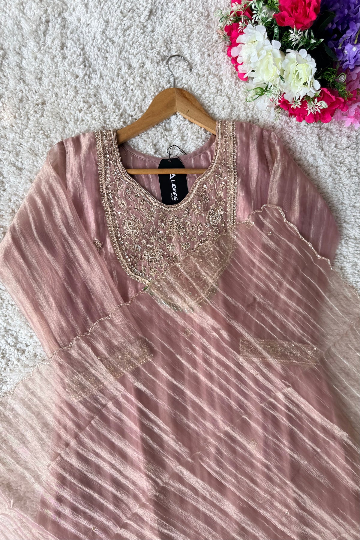 ✨Iqra - Mauve Pink Crushed Tissue A-Line Kurta sets