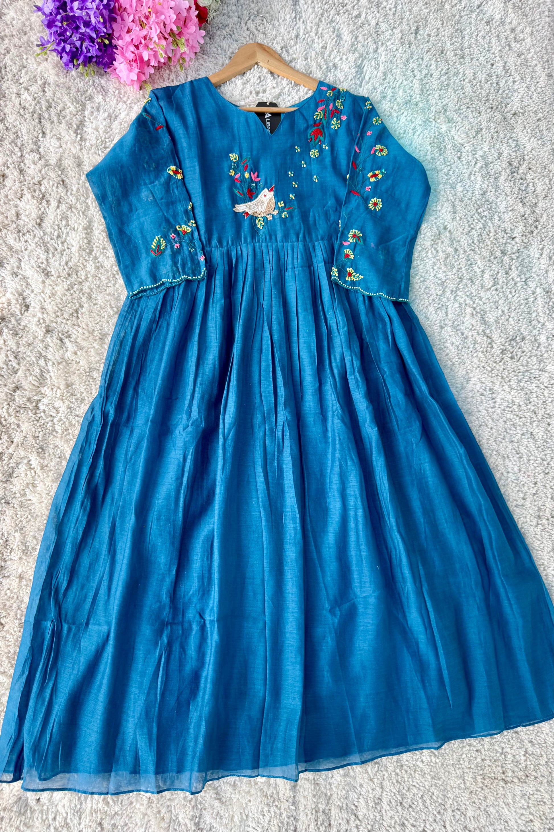 🛍️”Evie –  Premium Mul Chanderi Thred Work A Line Kurta Set
