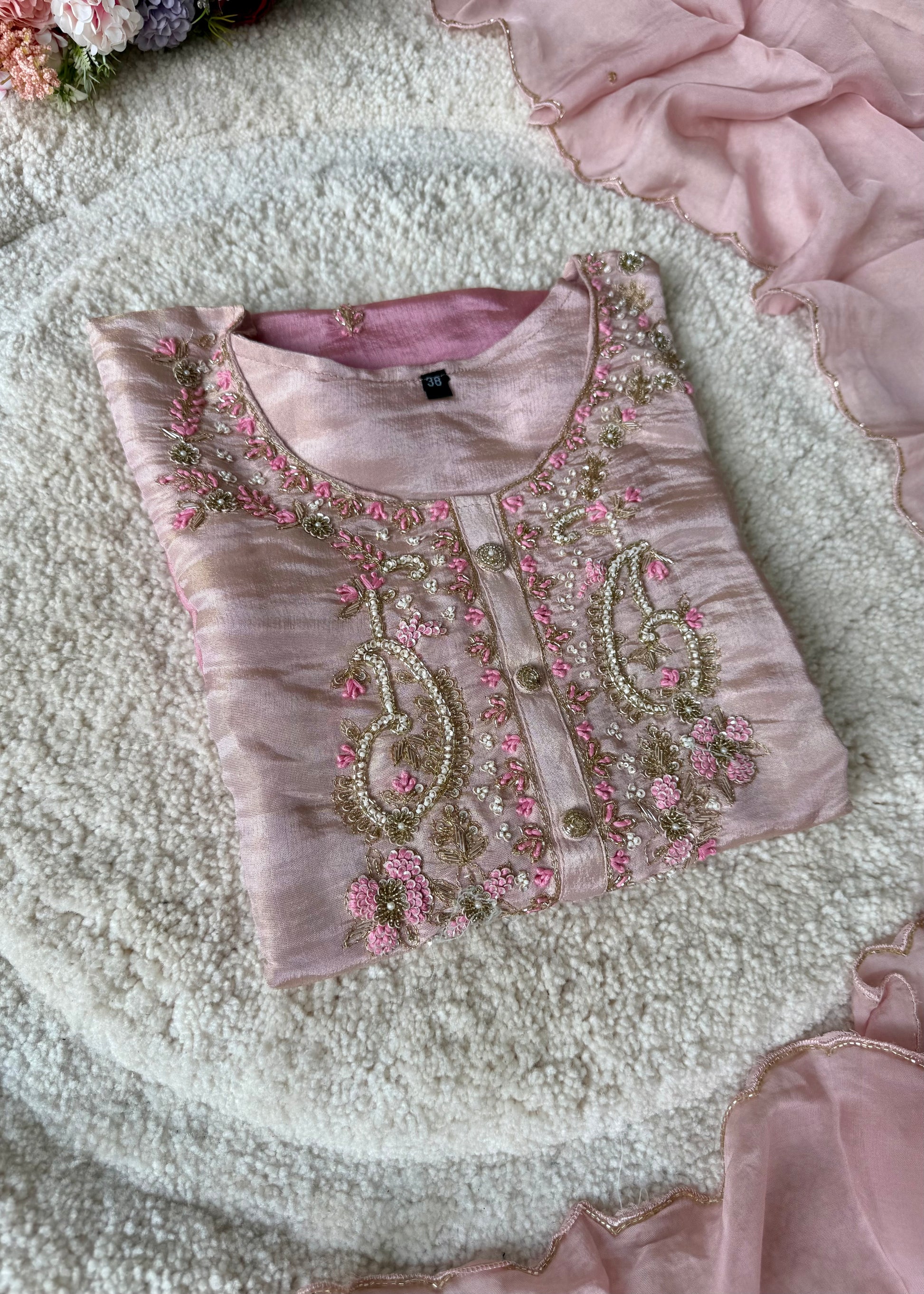 “Aashvi” Ombre Tissue Silk Handwork Suit Set